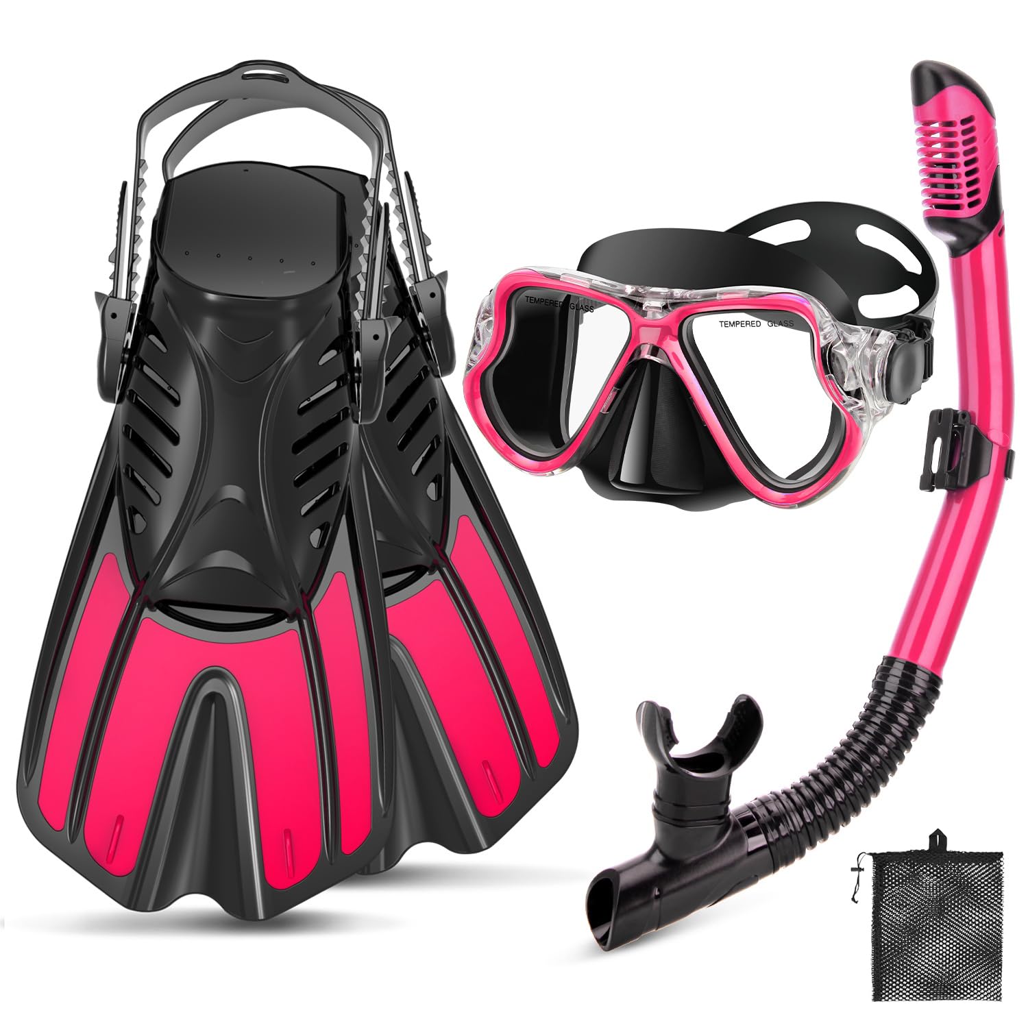PIYAZI Snorkeling Gear for Adults, 4 in 1 Adult Snorkel Set with Panoramic View Snorkel Mask, Dry Top Snorkel, Adjustable Short Fins and Travel Bag, Snorkel Set with Fins for Snorkeling Diving