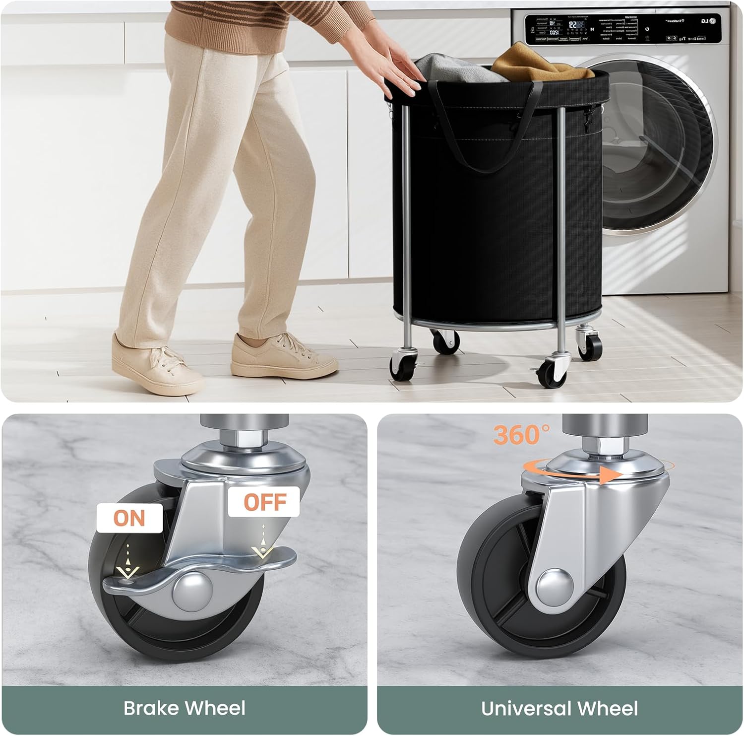 Aduanbang 170L Laundry Basket with Wheels, Rolling Hamper with Removable Bag & Steel Frame, Round Laundry Cart with 4 Casters & 2 Brakes, Ideal for Bedroom, Bathroom & Laundry Room