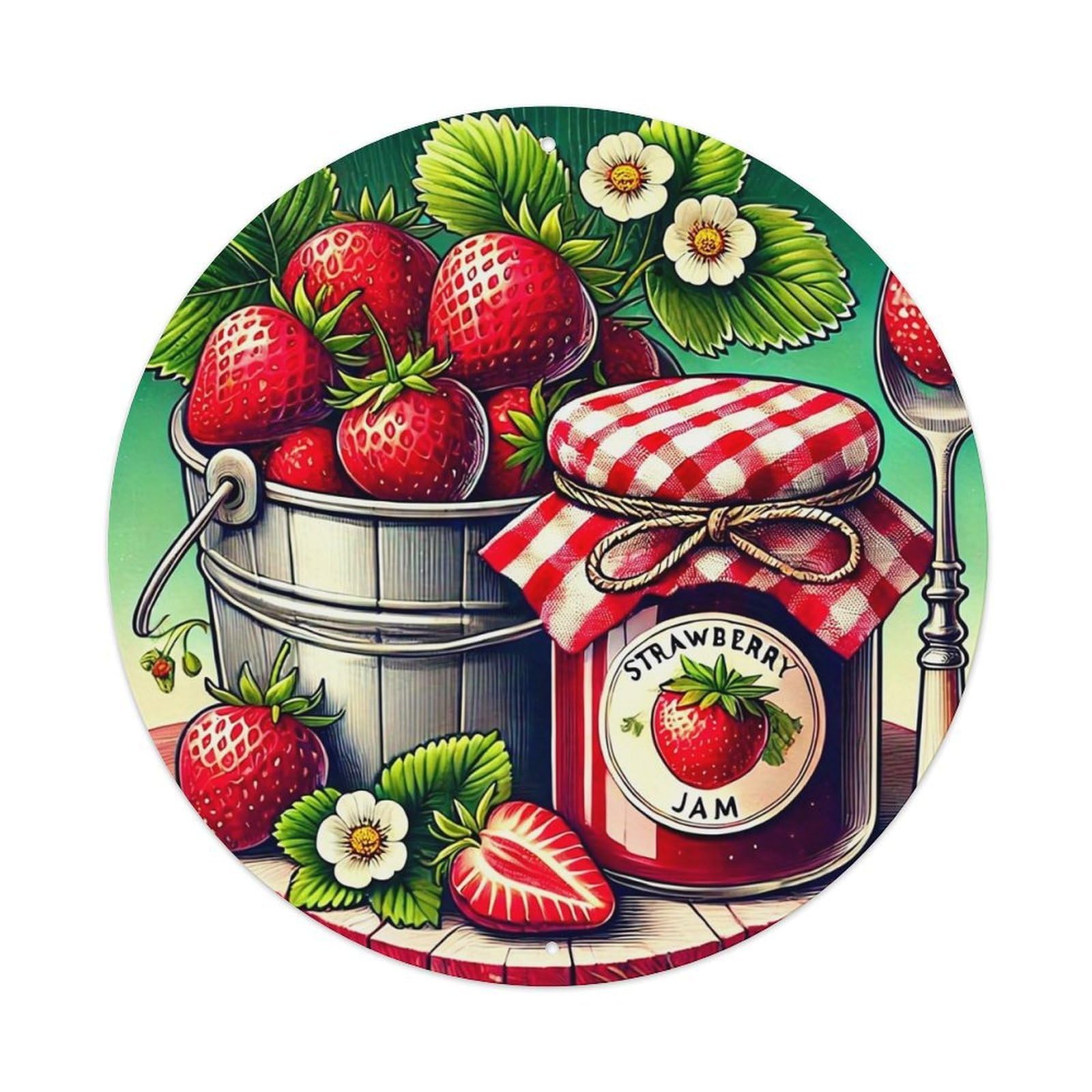 Strawberry Jam Jar Bucket Flowers Vintage Round Tin Sign Retro Metal Wall Decor Metal Poster, Home Bar Garage Cafe Wall Art Decoration 8x8Inches