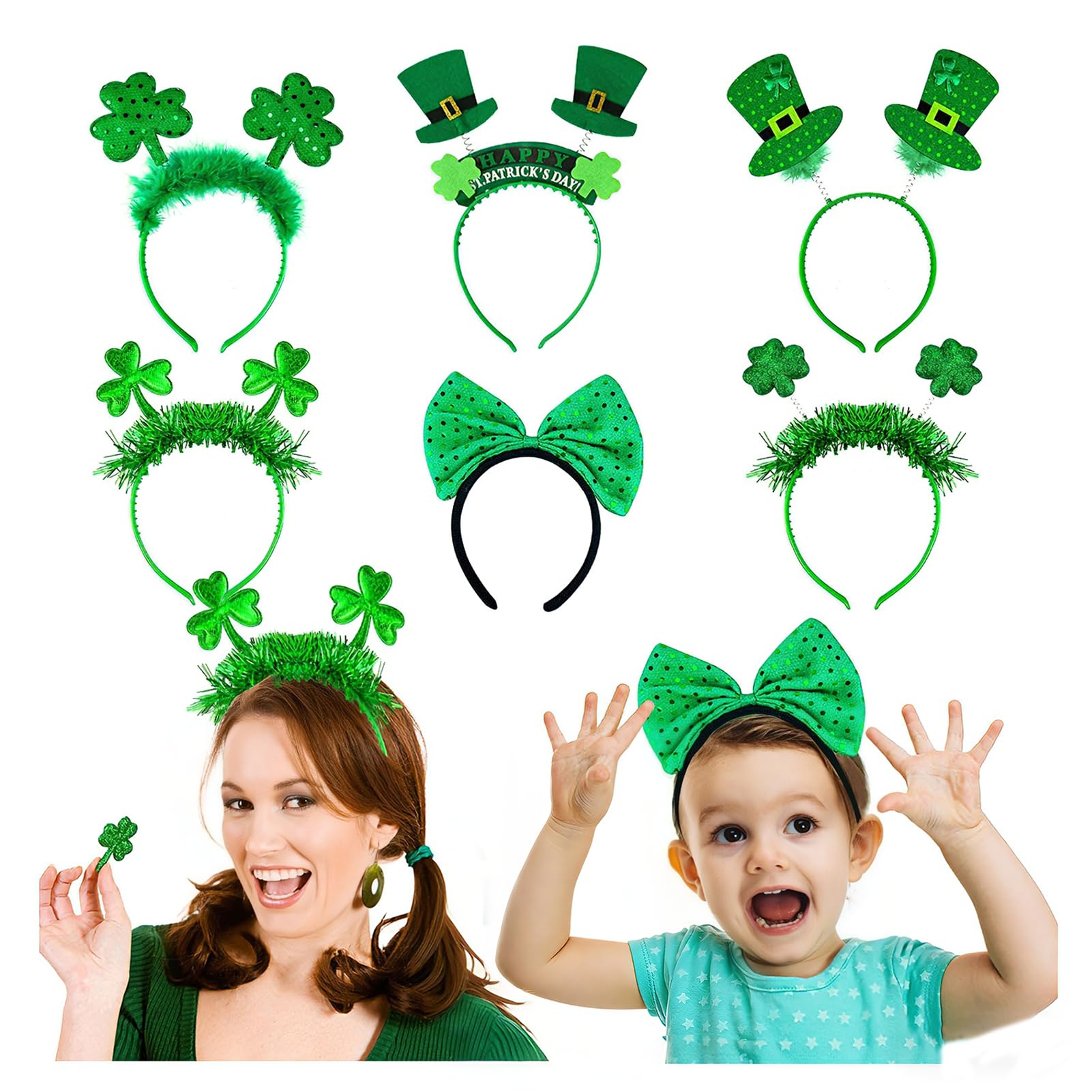 PARTYWIND 12 PCS St Patrick’s Day Headband, Glitter Saint Patricks Day Accessories Headbands for Women Kids with Shamrock/Hat/Bow, Irish Costume for