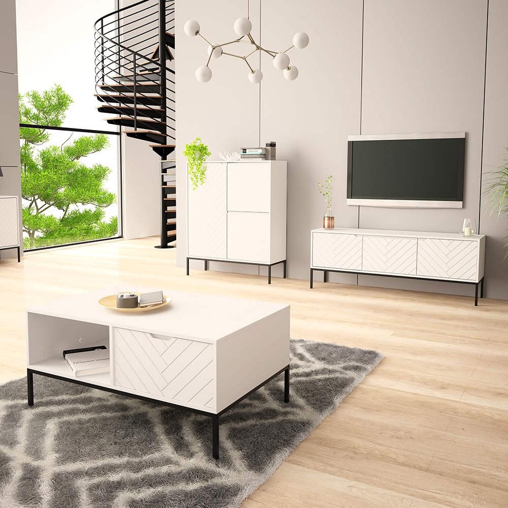 Lomadox Wohnzimmer Set 3-teilig Wohnzimmerschrank Wohnzimmermöbel Wohnzimmer Schränke modern in weiß matt mit gefrästen Fronten