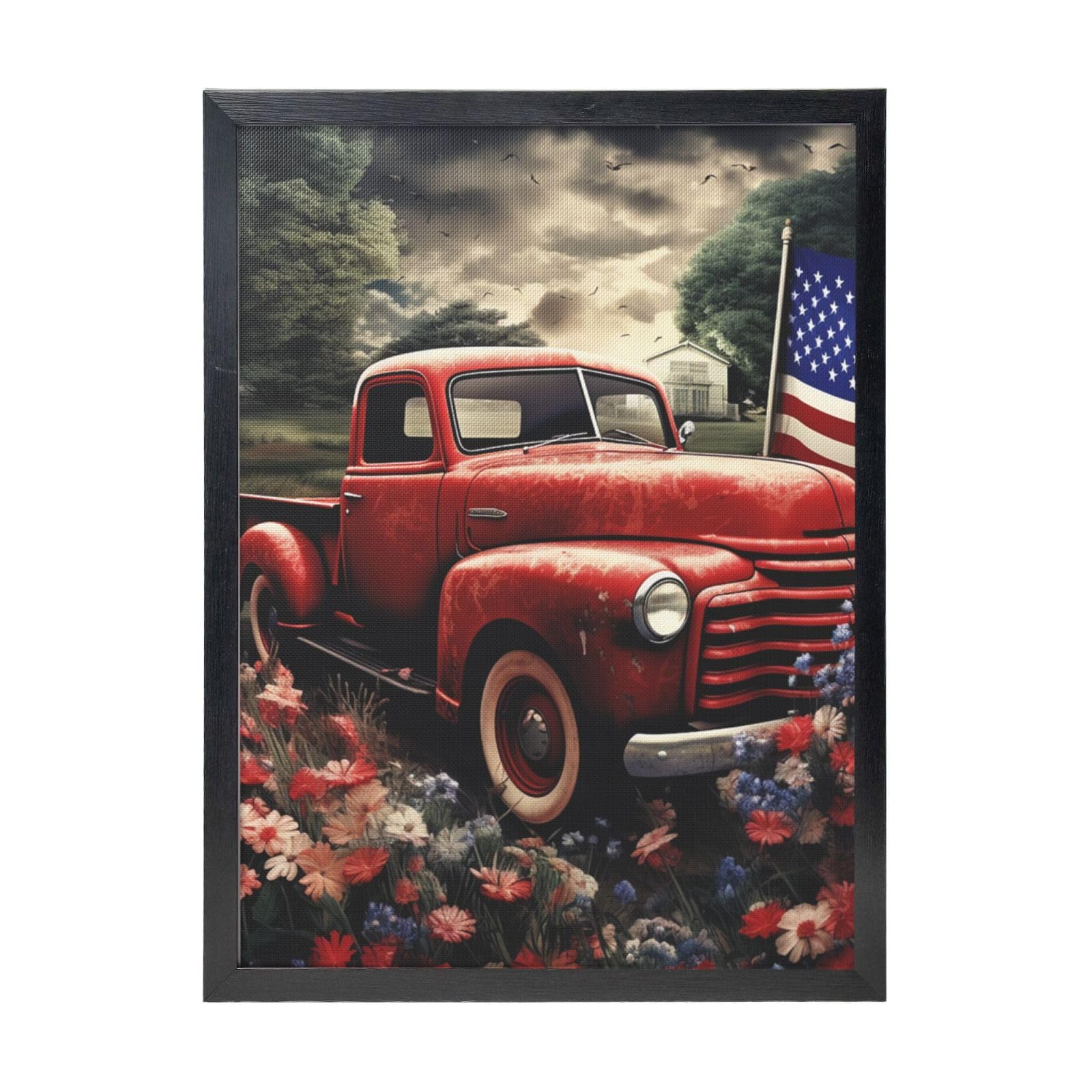 Framed Wall Art - Decorative Canvas Painting 4th Of July Patriotic Old Red Truck Pictures Poster Aesthetic Modern Prints Artwork for Bedroom Office Wall Decor Ready To Hang 12x16 in