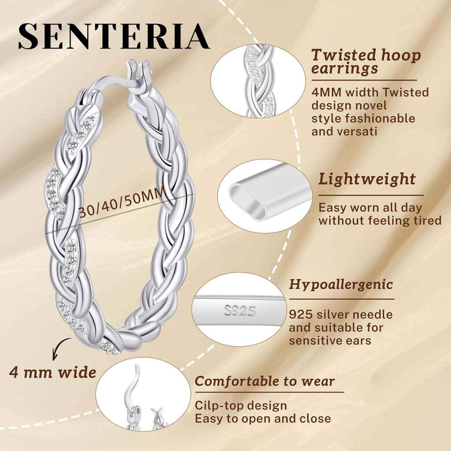 Senteria Silver Twisted Hoops Earring for Women Hypoallergenic Sterling Silver Post Hoop Earrings with AAA+ Cubic Zirconia 14K Gold Plated Hoop Earrings for Women 30/40/50MM - Image 3