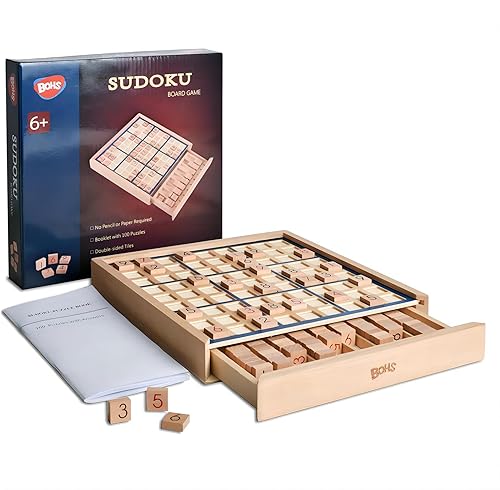 BOHS Juego de mesa Sudoku de madera con cajón - con 100 rompecabezas Sudoku libro para adultos - Juguetes de escritorio Brain Teaser