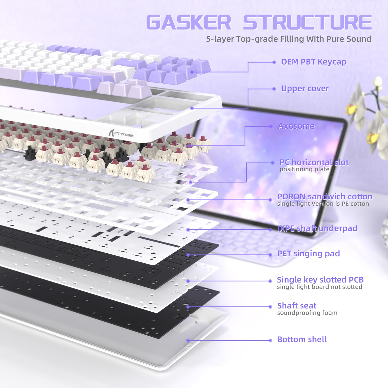 LexonElec X Attack Shark X87 Kabellose Gaming-Tastatur, Tri-Modus-BT/2.4G/Verkabelt, Hot-Swap-fähig, Linearschalter, 87 Tasten PBT-Tastenkappe, Dichtung Struktur, RGB-Tastatur(Lila)