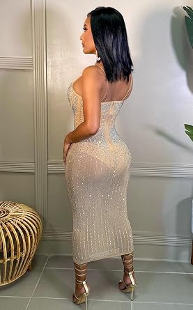 Sexy Spaghtti Strap Rhinestone Bodycon Midi Dress for Women Sleeveless See Through Mesh Pencil Party Club Dresses