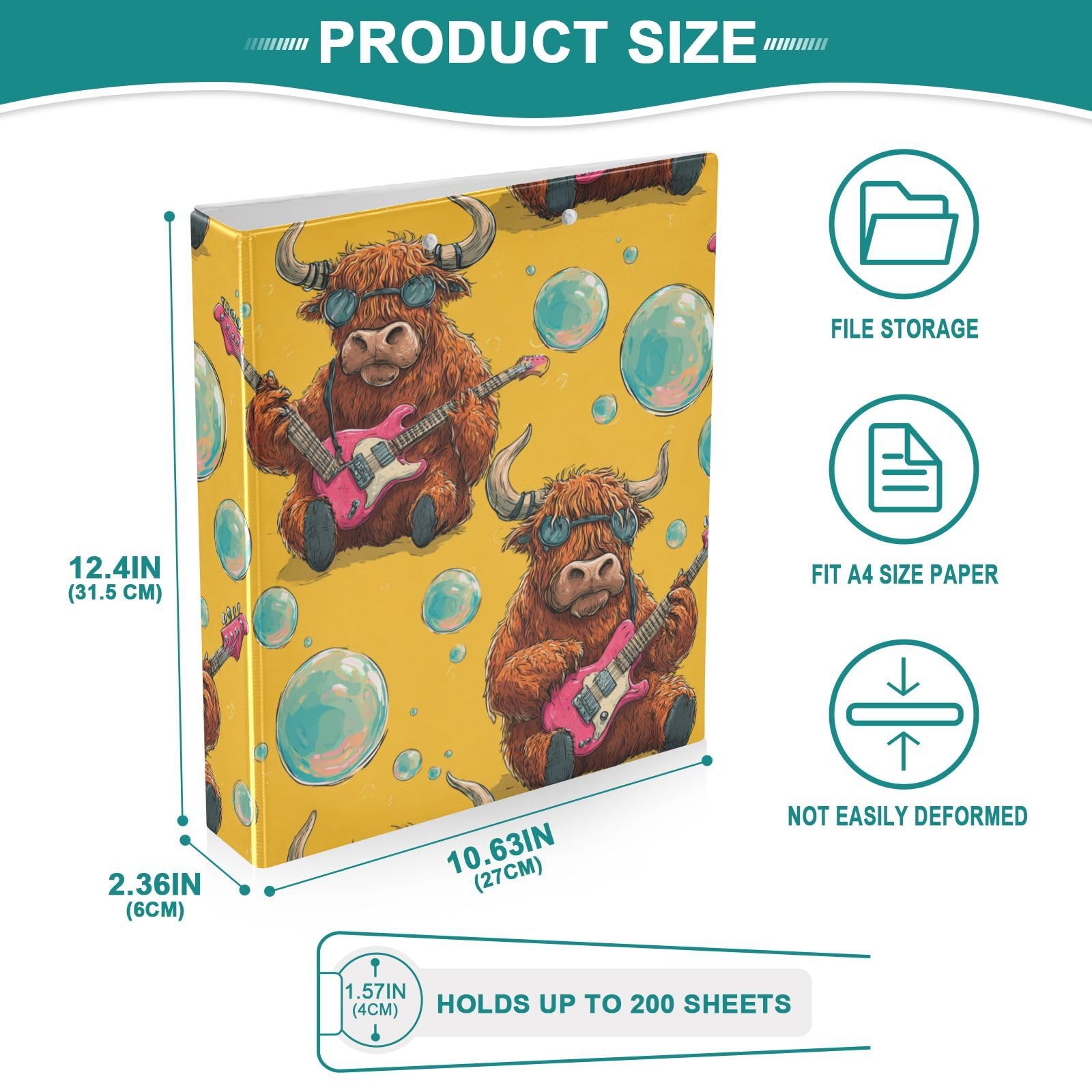 Kcldeci Raccoglitore a 3 anelli con copertina rigida, motivo mucca, 1 raccoglitore ad anelli rotondi da 3,8 cm, 200 fogli per ufficio/casa/rientro a scuola, confezione da 2