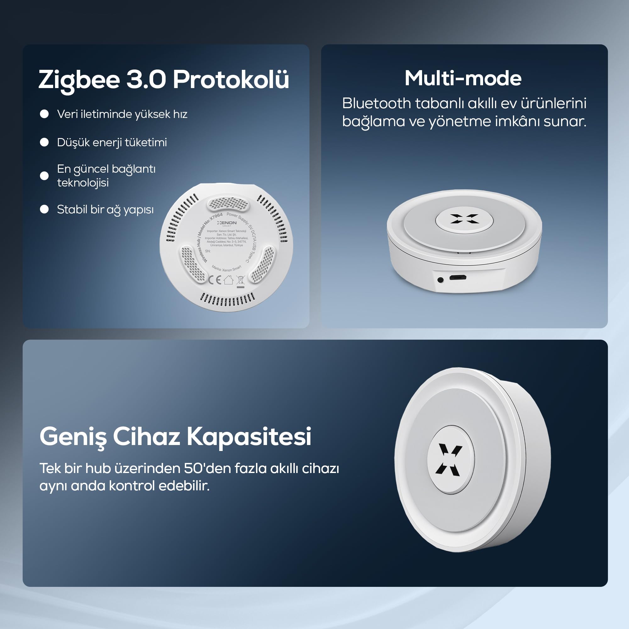 Xenon Smart Anahtarsız Akıllı Elektronik Silindir Kapı Kilidi ve Zigbee 3.0 & Wi-Fi & BLE Akıllı Ev Ağ Geçidi Kablosuz Bluetooth Mobil App Kontrollü Gateway Hub 2'li Set