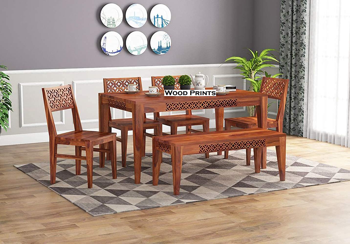 Solid Sheesham Wood Dining Table Set 6 Seater with 4 Chairs and 1 Bench for Dining Room Living Room Home Solid Wood Dinning Table Set (Honey Finish)