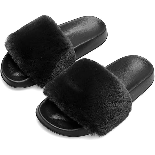 Spesoul Womens Fuzzy Slides Open Toe Furry Slide Slippers Indoor Outdoor Slides Sandals Casual Flat Fluffy House Slippers