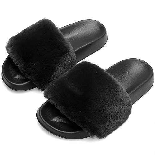 Spesoul Womens Furry Slippers Open Toe Indoor Outdoor House Casual Flat Slides Sandals - 9 Black