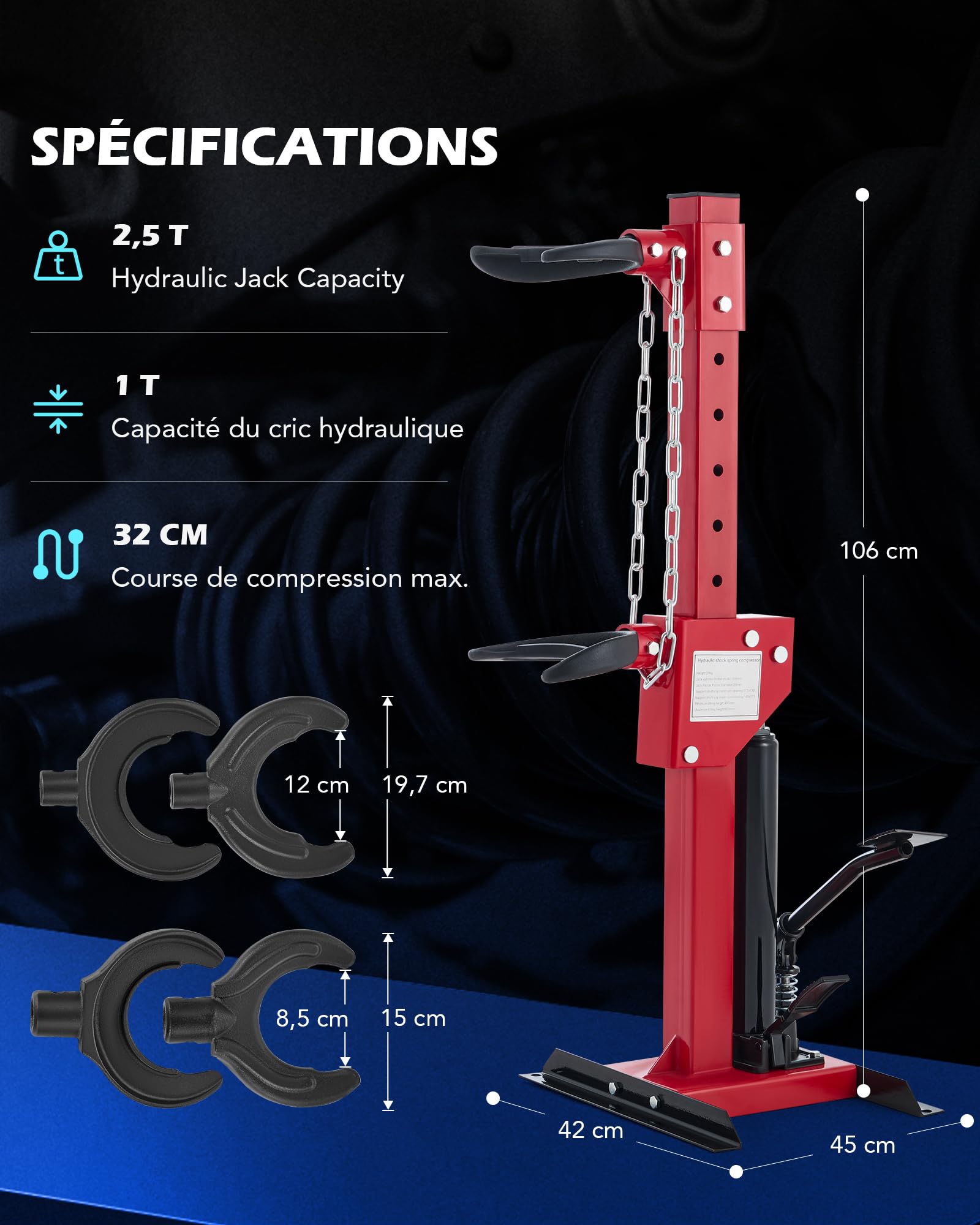Orion Motor Tech Compresseur de Ressort Amortisseur Hydraulique Capacité 3T avec 4 Pinces de Serrage 7 Trous pour Réglage de Hauteur Opération à Pieds pour Réparation des Voitures Camions Caravanes