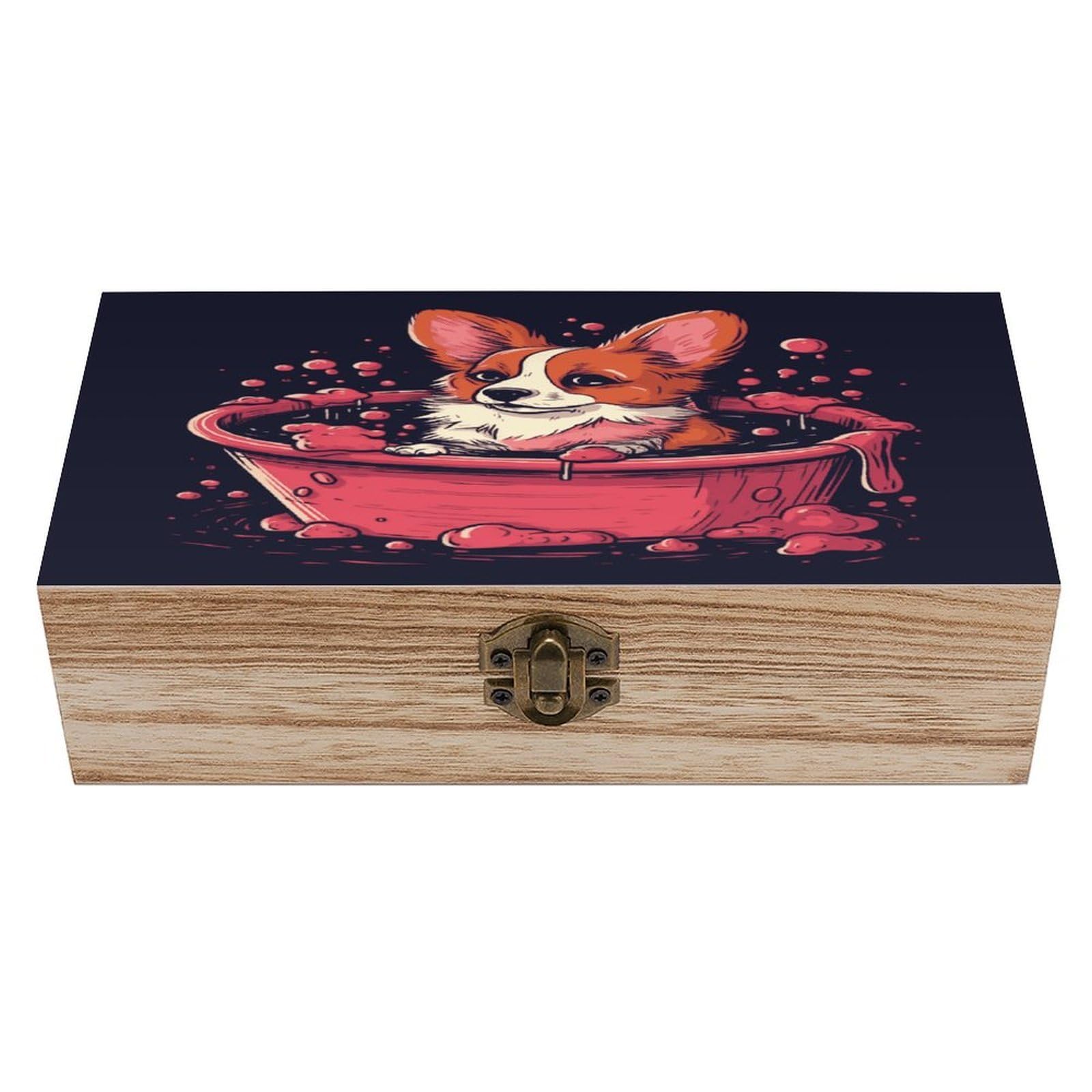 asbwuo Corgi in Bathtub Wood Keepsake Box Wooden Box with Hinged Lid