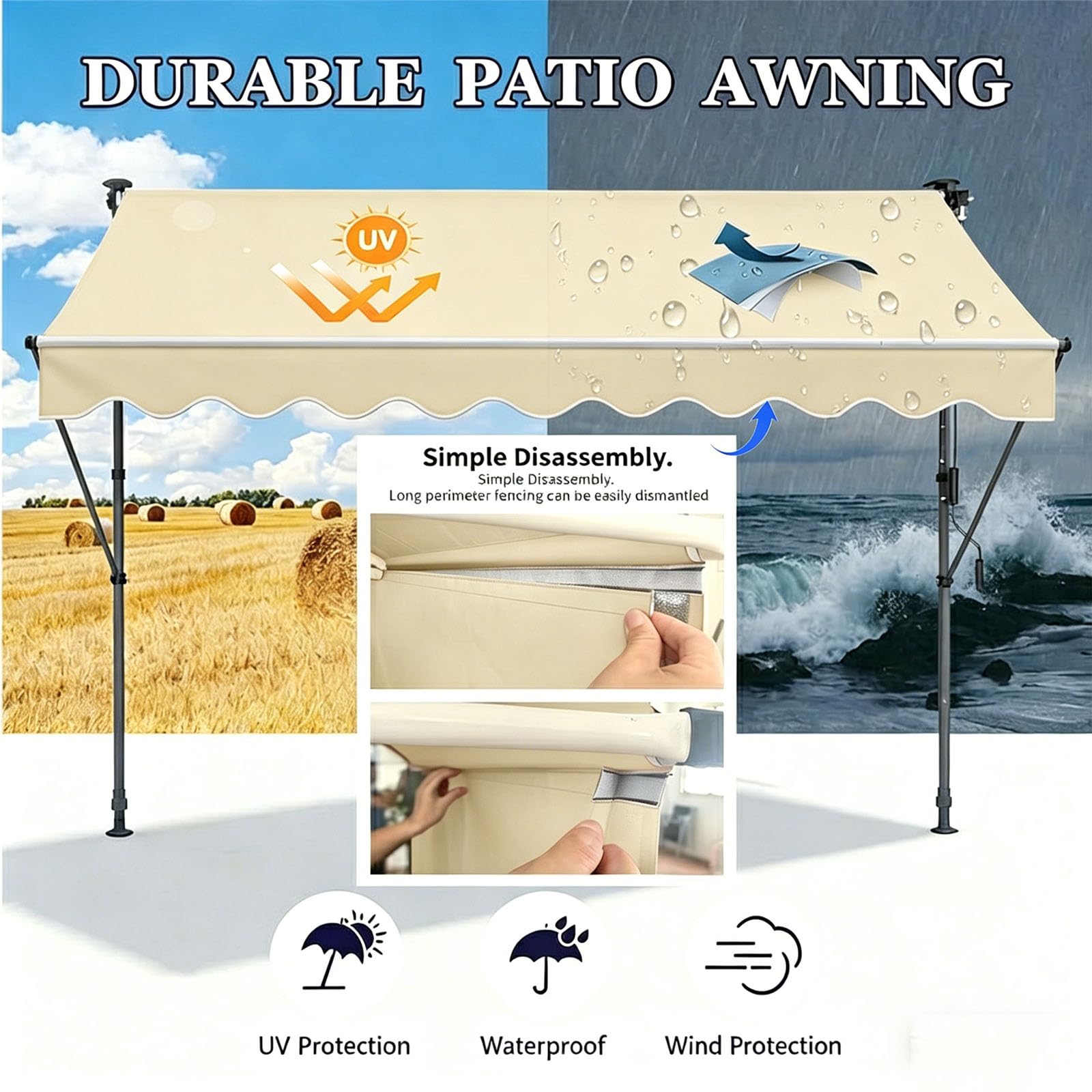 Toldo retráctil manual de 120 x 400 cm, sin taladro, con cenefa adicional de 1 m, parasol ajustable para exteriores, protección UV, impermeable, marco de aluminio para patio