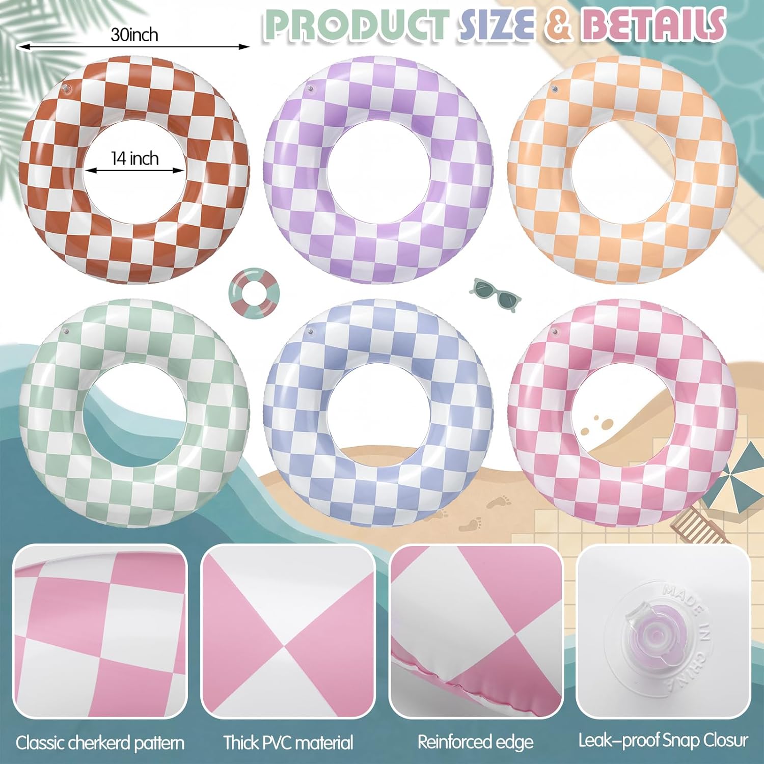 6 Pcs Inflatable Tube Pool Floats 6 Colors Morandi Checkered Swim Rings Swimming Pool Tubes for Summer Beach Bachelorette Party, 30 x 14 Inch
