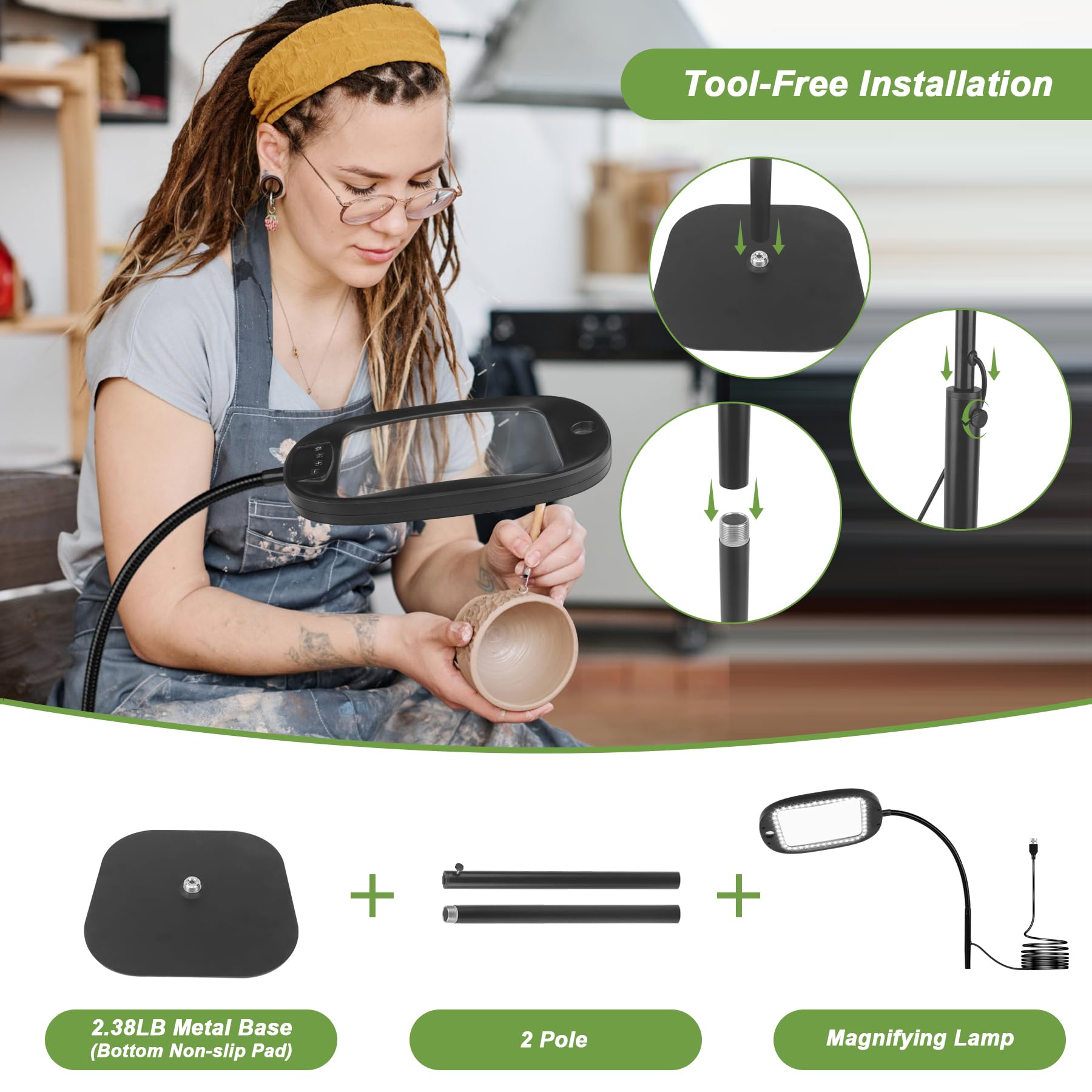 10-fache Lupe mit Licht & Bodenstehend, 45 LEDs Schreibtischlampe, 5 Farbtemperaturen, 4 Helligkeitsstufen, Perfekt für Diamantkunst, Zubehör, Hobby, Handwerk, Lesen, Naharbeit