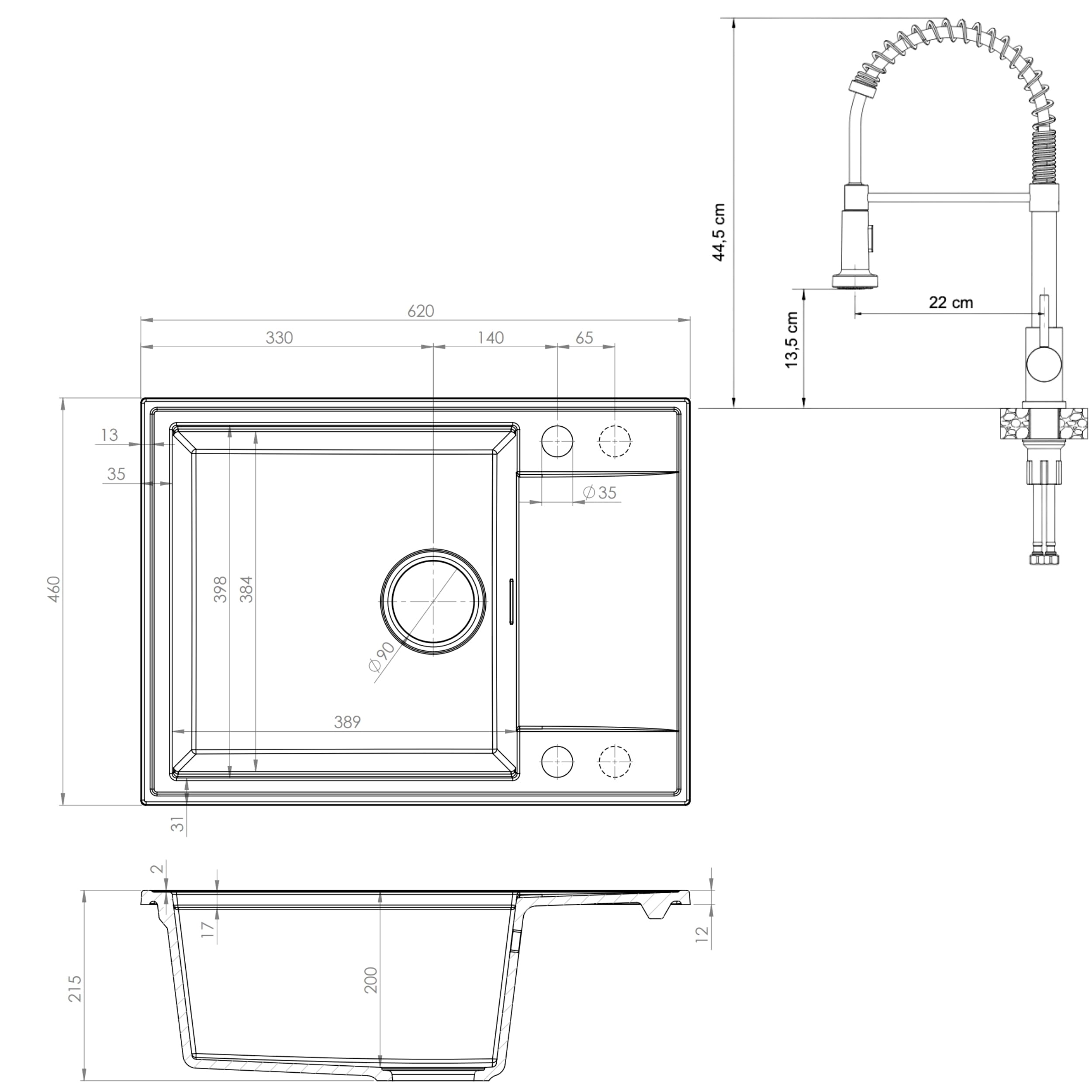 SINK QUALITY zlewozmywak szary z zestawem armatury 62x46 - zlewozmywak z kranem, syfon PUSH, ociekacz, środek impregnujący - kompletny zestaw zlewozmywaka kuchennego do szafki dolnej 55