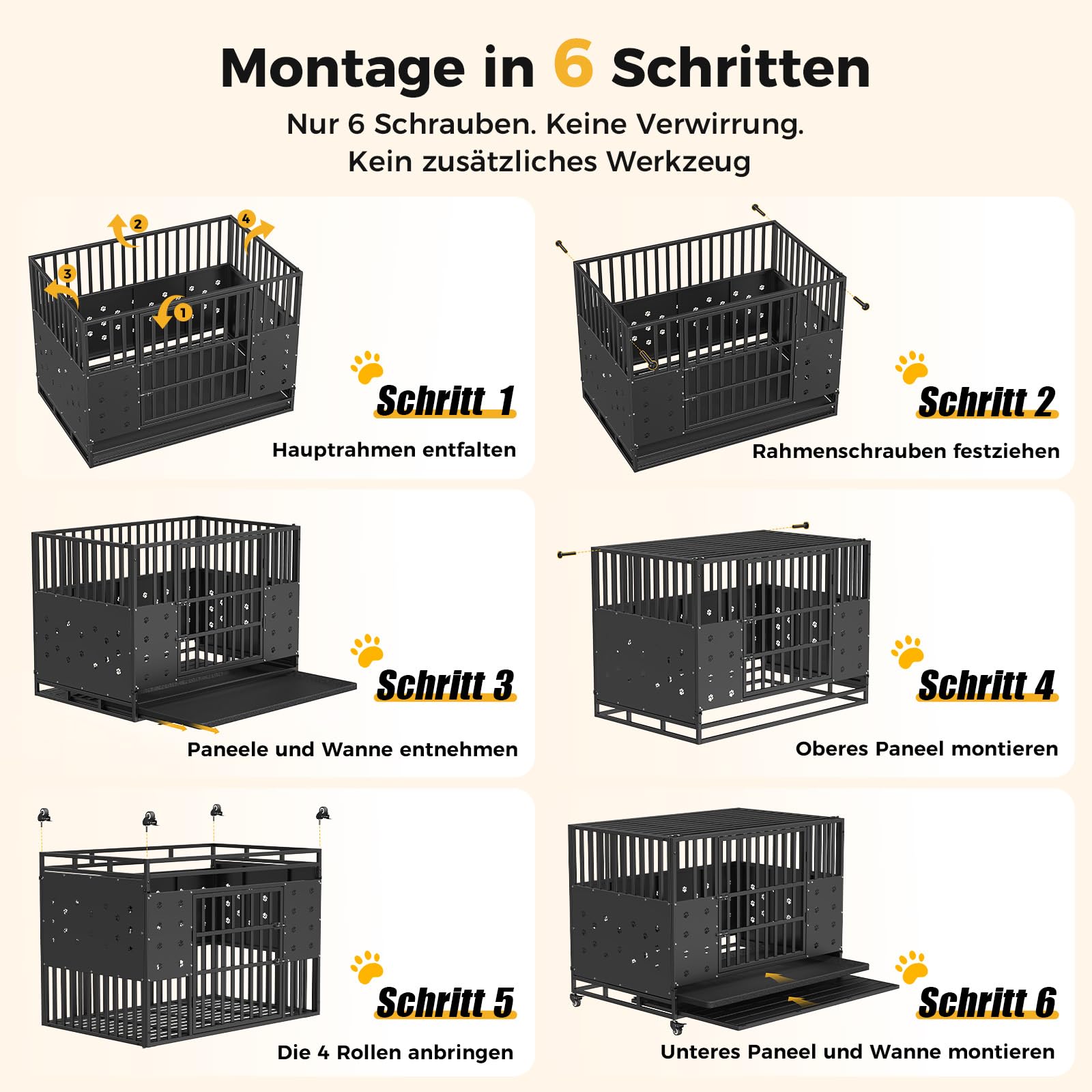 121 x 78 x 93 cm Hundekäfig hochbelastbar für große Hunde, Bissfeste Paneele, Einstellbare Innenhöhe, Hundekäfig mit 4 Arretierbare Rollen, Verbreiterter Komfortboden, Extra Breite Tür, Haustierkäfig