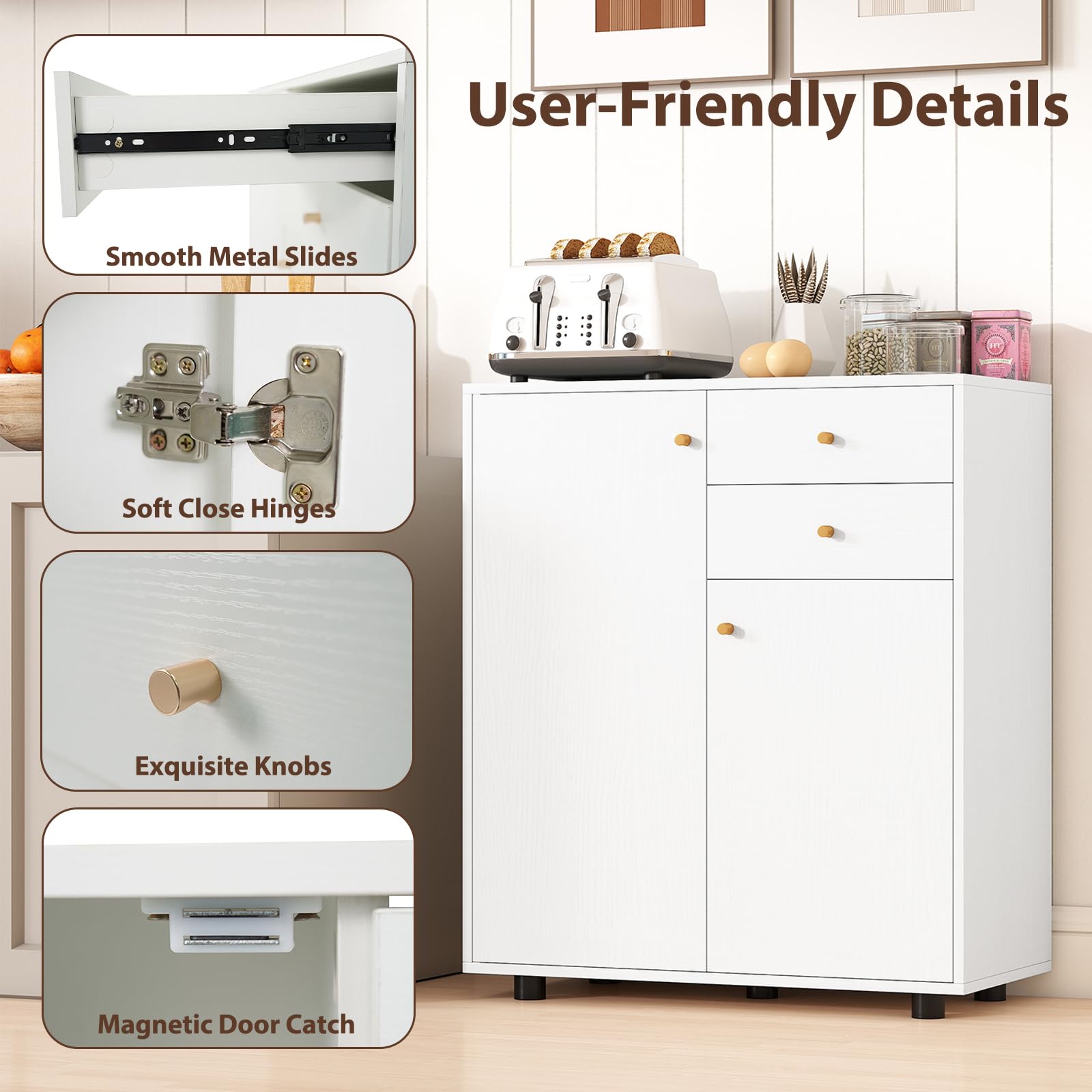 KOMFOTTEU Mobile Dispensa con 2 Cassetti, Credenza da Cucina con 2 Ante, Mobiletto Basso con 3 Ripiani Regolabili, Armadio a Buffet per Sala da Pranzo, Soggiorno, 74x35x85,5 cm(L x P x A) (Bianco)