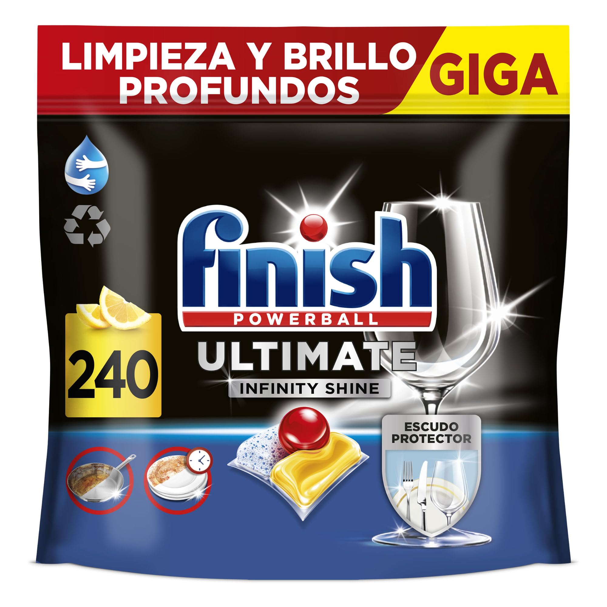 Finish Powerball Ultimate Infinity Shine pastillas lavavajillas, 240 cápsulas lavavajillas, Limpieza avanzada y protección de la vajilla, Aroma limón (3 x 80pastillas)