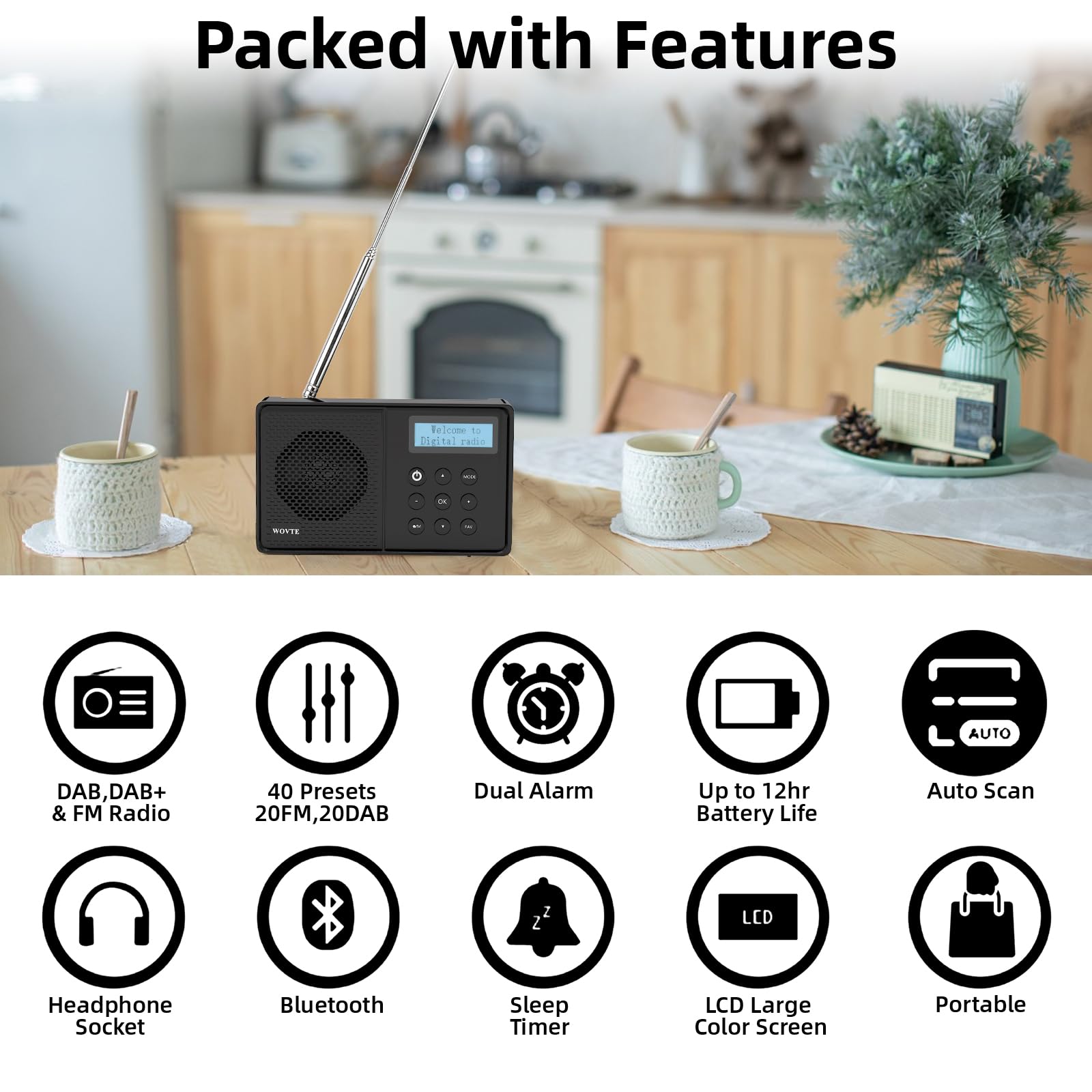 WOVTE DAB+ Digital Radio - Portable, Rechargeable & Mains Powered with Bluetooth, 40 Presets, LED Display, Alarm Clock, Sleep Timer & Headphone Socket — view 5