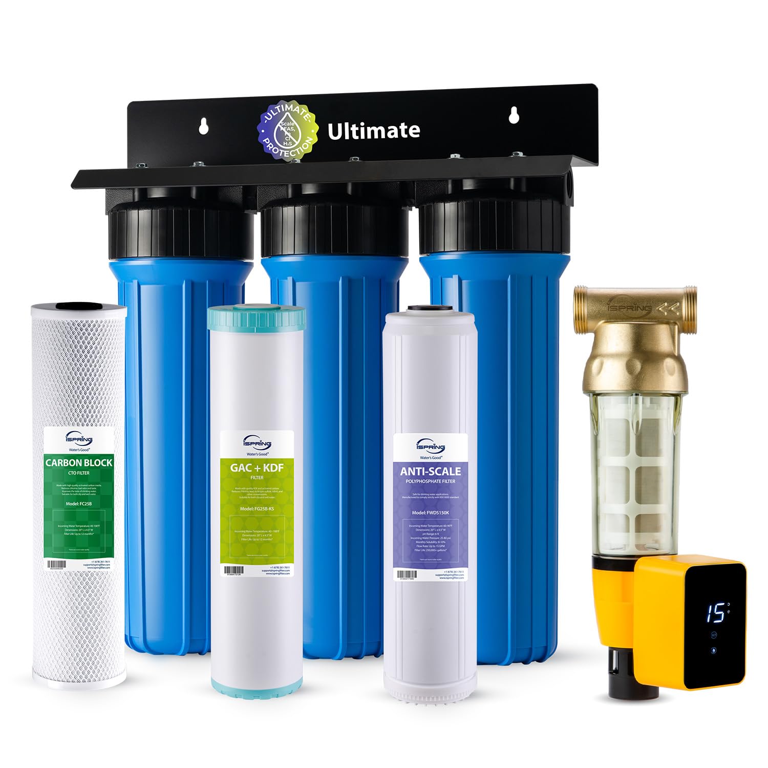 ispring whole house water filter system w/auto-flushing spin down sediment filter, water descaler, gac+kdf, and carbon block filter, wgb32b-kds+wsp50arb | reduces scale, lead, chlorine, mercury, sediments, h2s, 1” inlet/outlet, up to 250k gallons, wgb32b-kds+wsp50arb