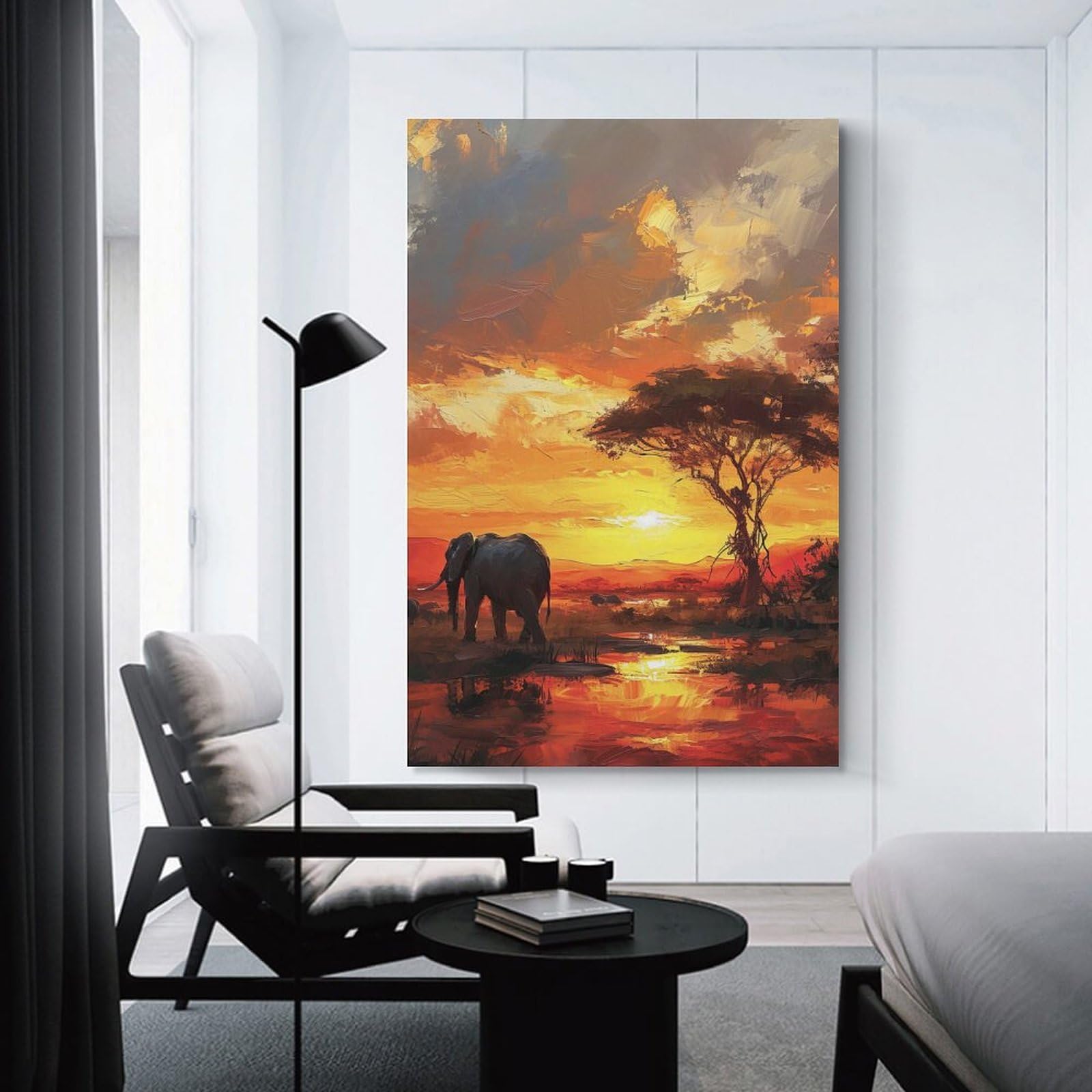 Junmoney Canvas Art Print Elephant Sunset, 24x36inch(60x90cm), for Office, Study Or Home Workspace, Home Office Artwork with Decorative Appeal