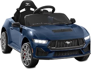 Kids 12V Electric Ride On Car Officially Licensed Ford Mustang w/Parent Control, LED Lights, 2 Speeds, Bluetooth - Blue