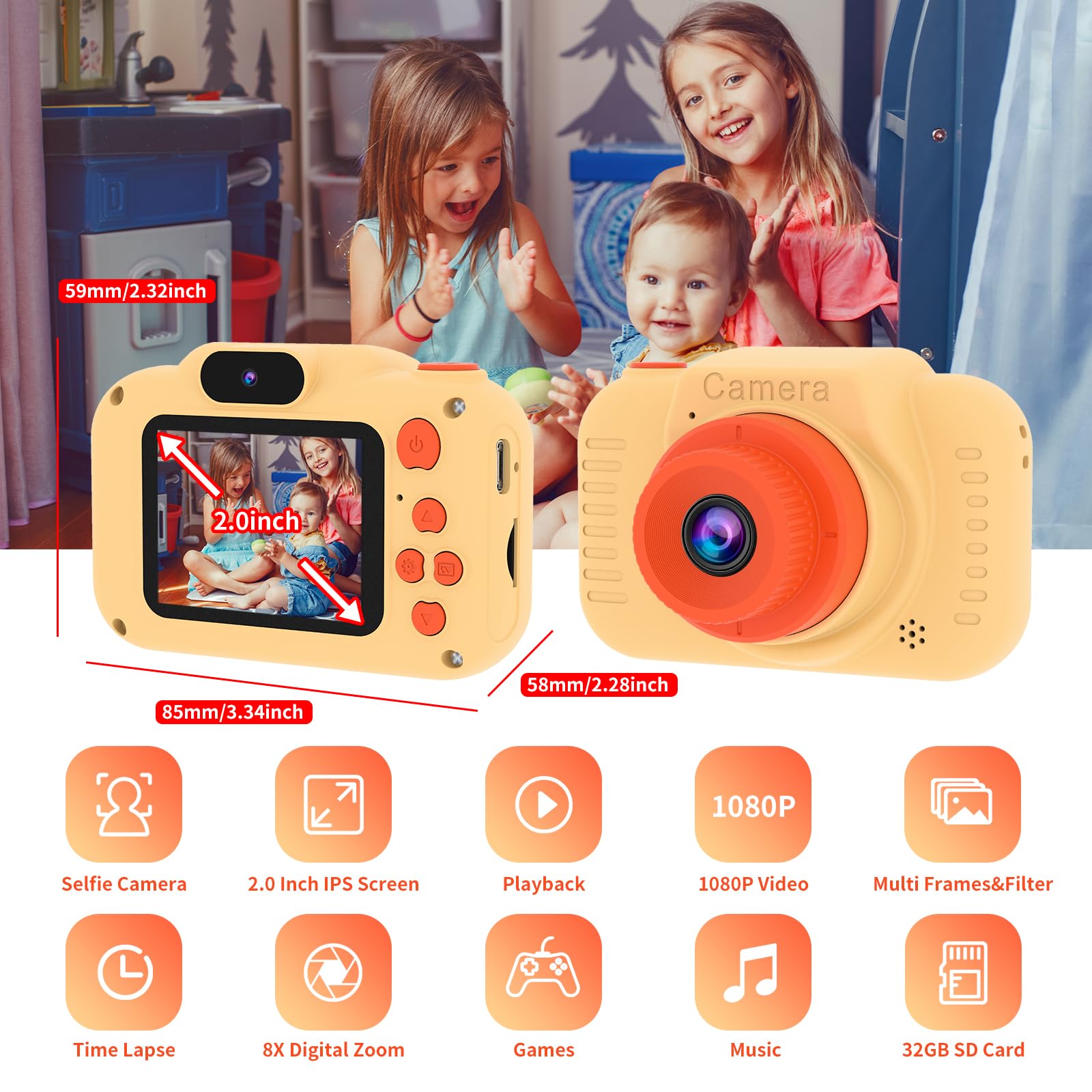 GlobalCrown Macchina Fotografica Bambini,Mini Ricaricabile Fotocamera Digitale Giocattoli per bambini Videocamera Regali per Ragazze Ragazzi da 3-8 Anni,12MP Video HD Schermo (Scheda 32 GB inclusa)