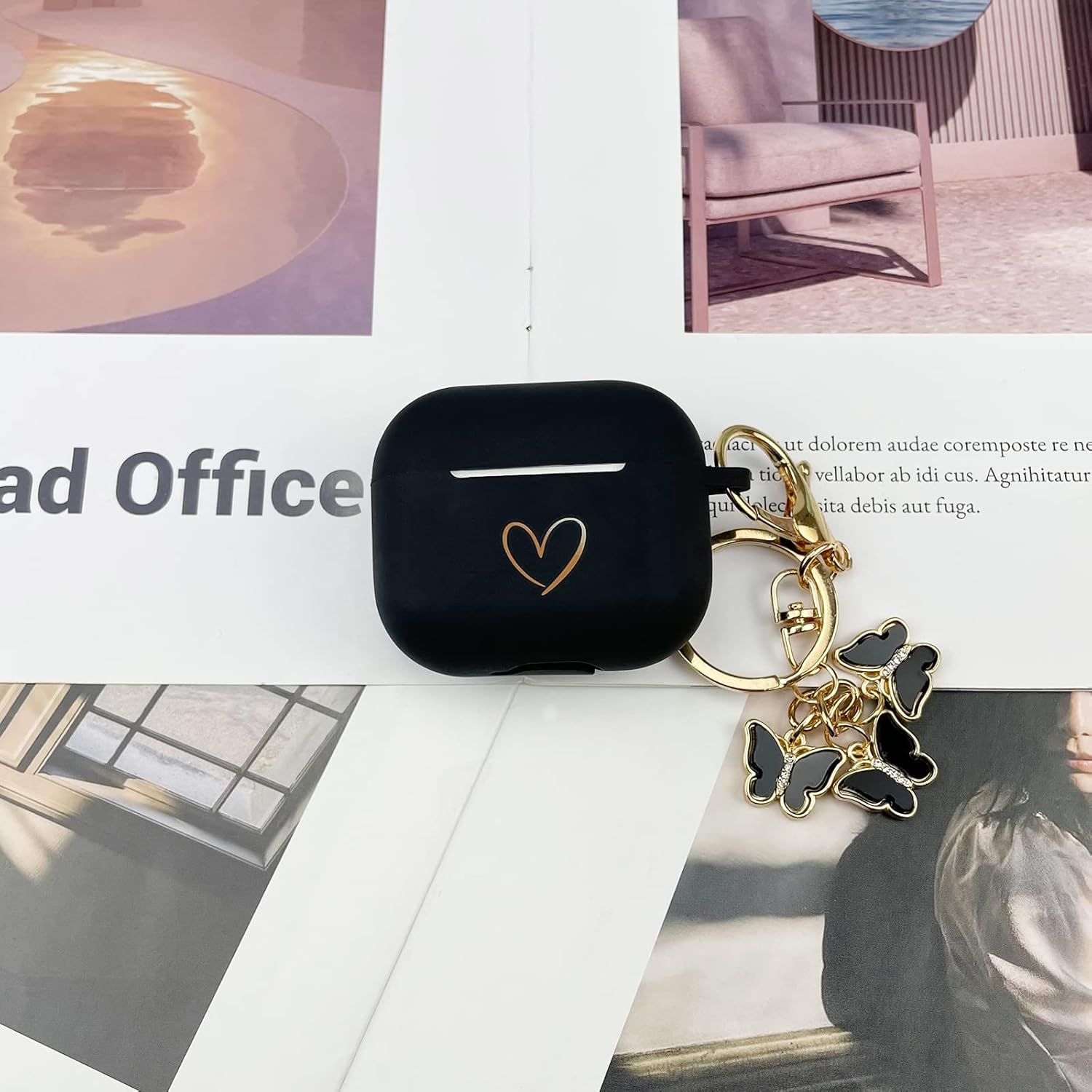 AIIEKZ Compatible with AirPods 3 Case Cover 2021, Soft Silicone Case with Gold Heart Pattern for AirPods 3rd Generation Case with Cute Butterfly Keychain for Girls Women (Black) : Electronics