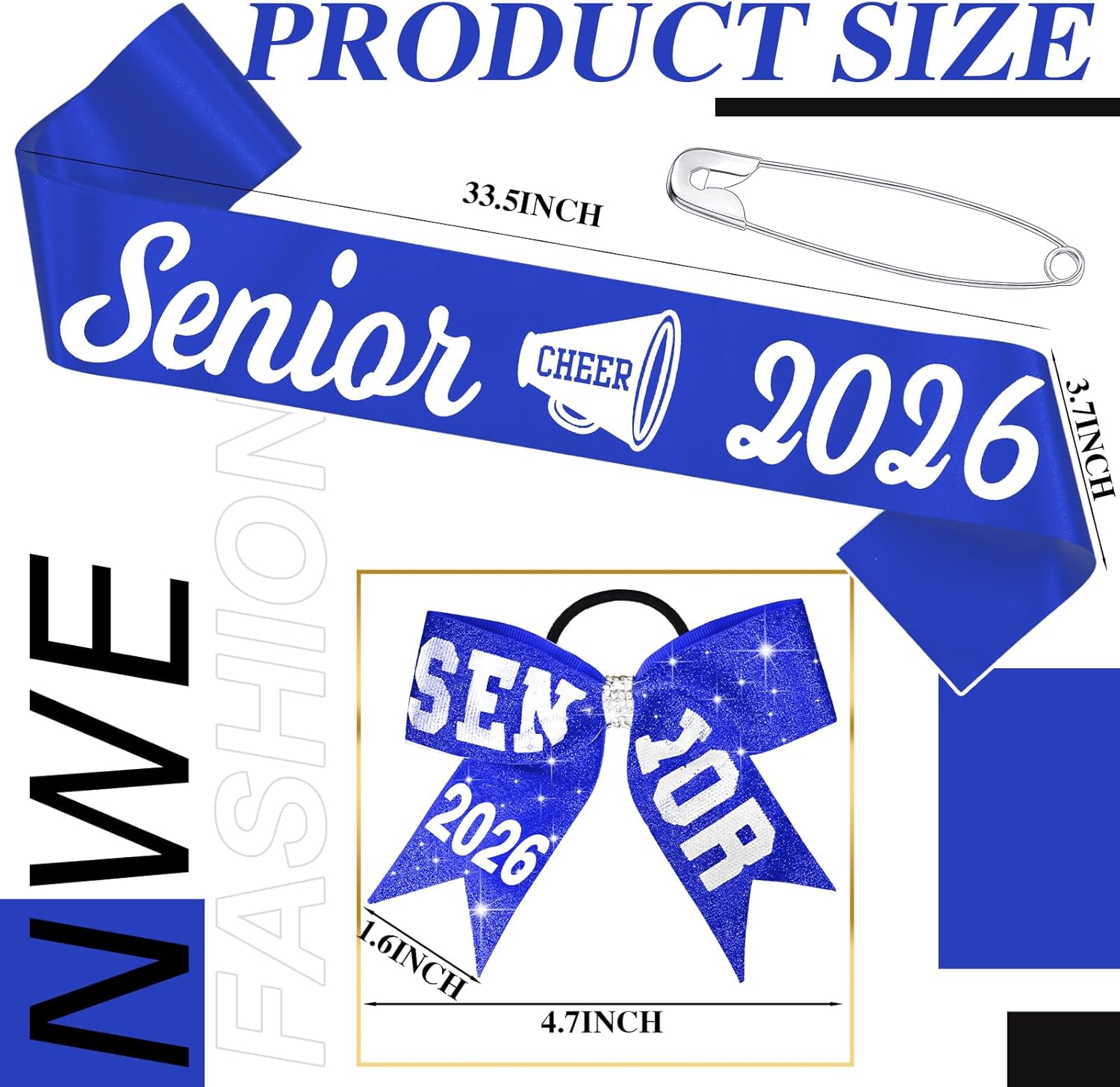 6 set senior sash 2026 sport satin sash glitter cheer hair bow senior night decor cheerleader gift girl (blue)