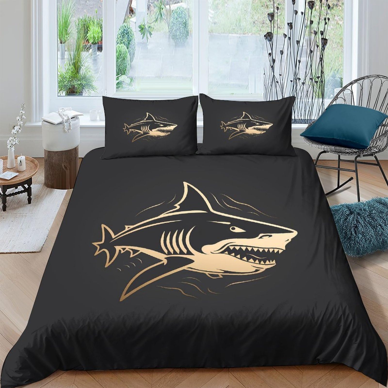 GPLZQXKJNH 3D Printed Shark Ocean Duvet Cover Microfiber Soft Breathable Predator Bedding Set with 2 Pillowcases for Bedroom Decor Single（135x200cm）