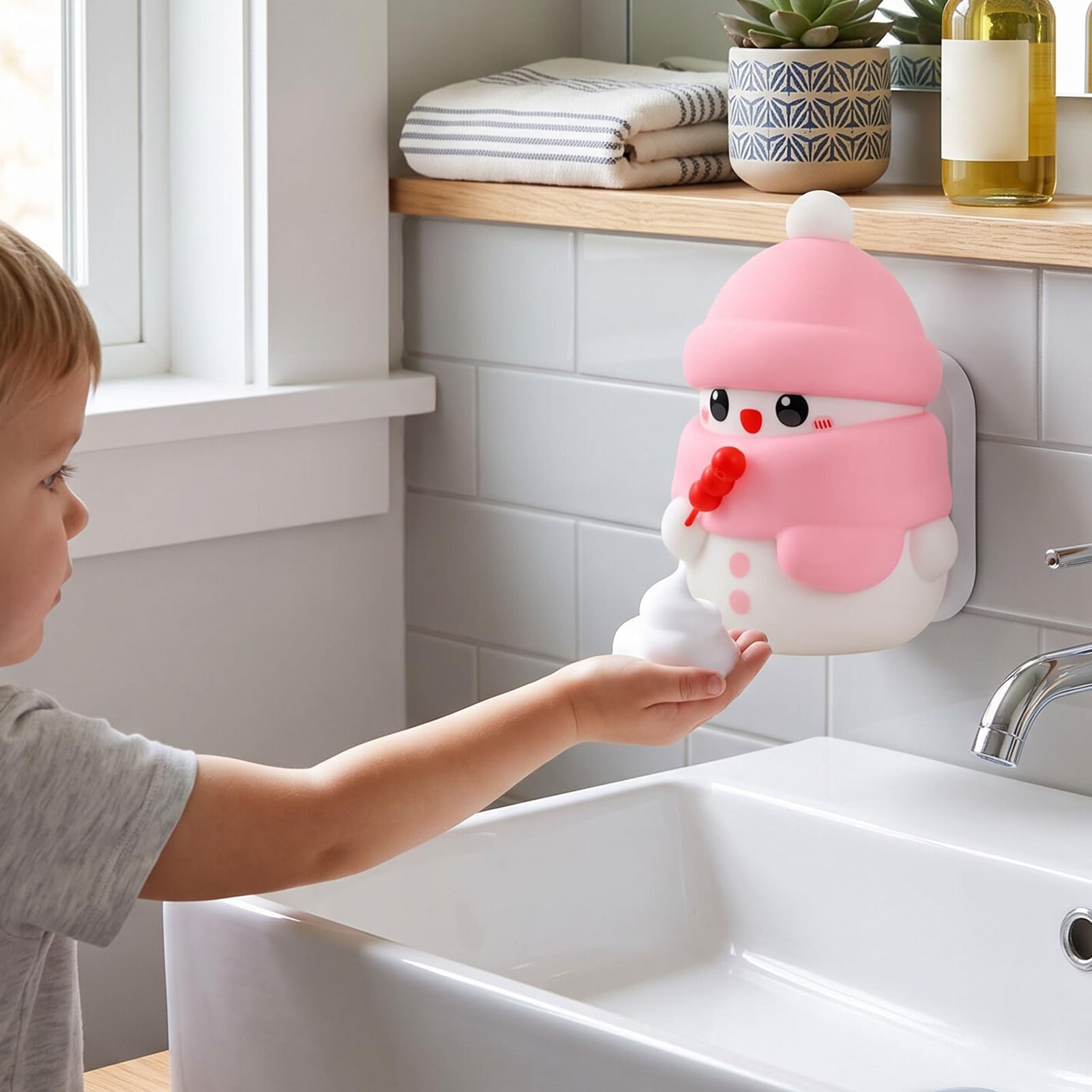 Luocute Automatischer Schaumseifenspender, Süßes Schneemann-Design (PINK)