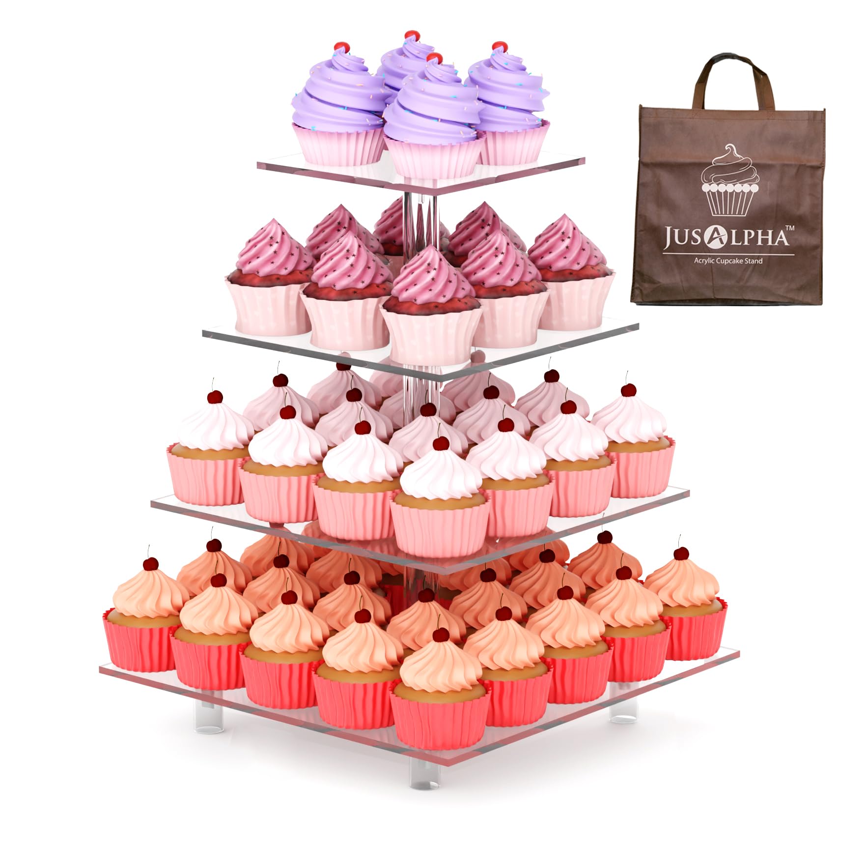 Jusalpha Large 4 Tier Cupcake Stand Square Acrylic Cupcake Tower Stand for Dessert, Pastry, Serving Platter-Candy Bar Party Décor and Supply(with Rod Feet) (4SF-V2)