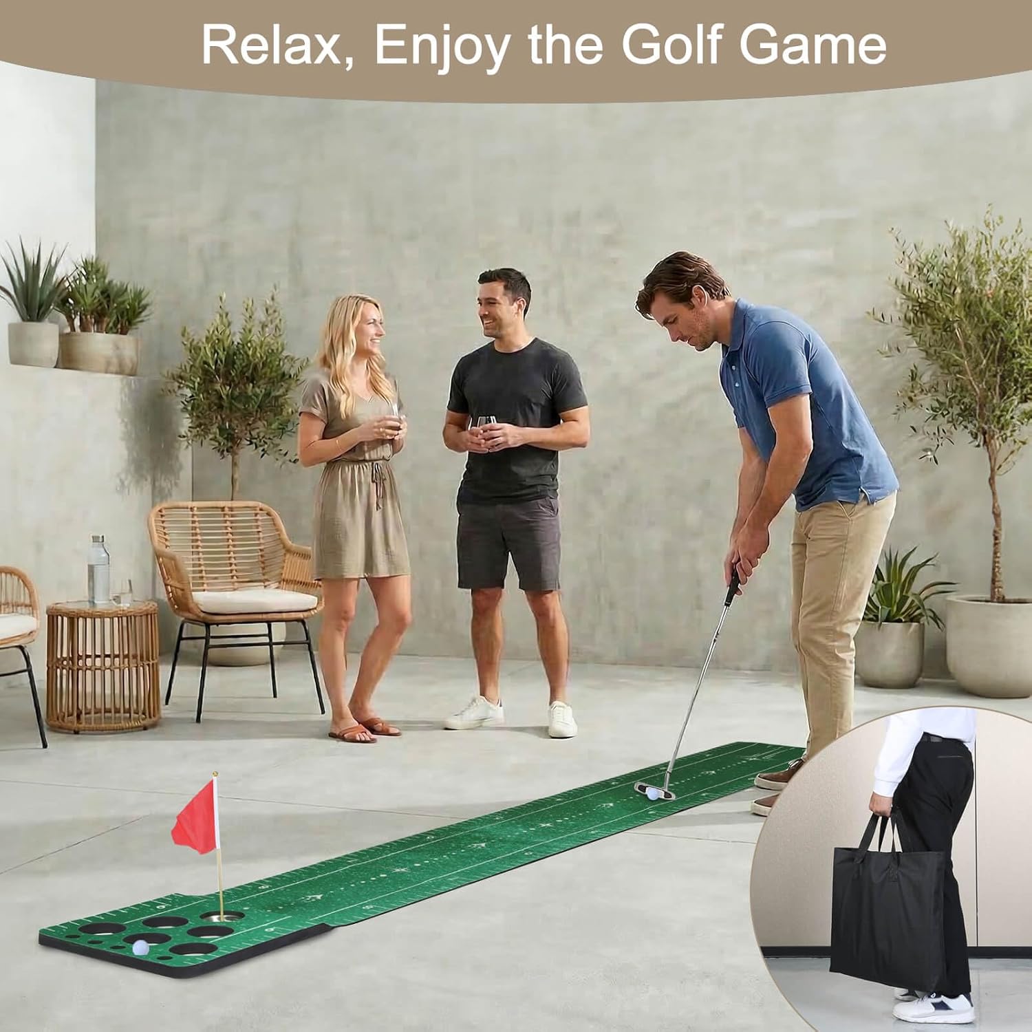 Golf Putting Game Mat, Indoor Putting Green Set with 2 Balls, 1 Storage Bag, 1 Flag & Cup, Portable Pong Game Mat for Backyard Party Use