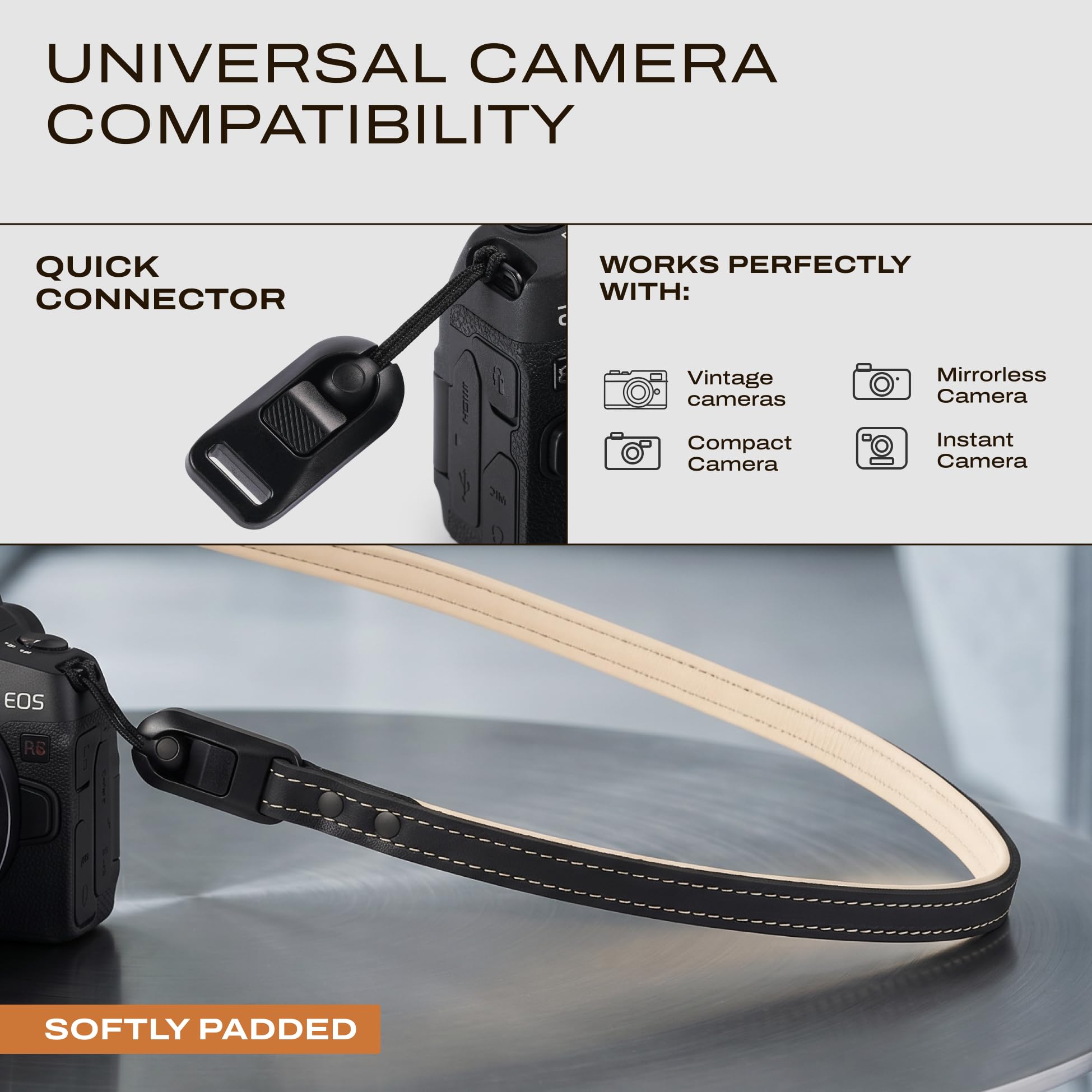 C Coiro Sangle fine en cuir avec libération rapide, sangle d'épaule réglable pour appareil photo reflex numérique compatible avec Fuji Sony Nikon Leica Canon Rembourrée Noir