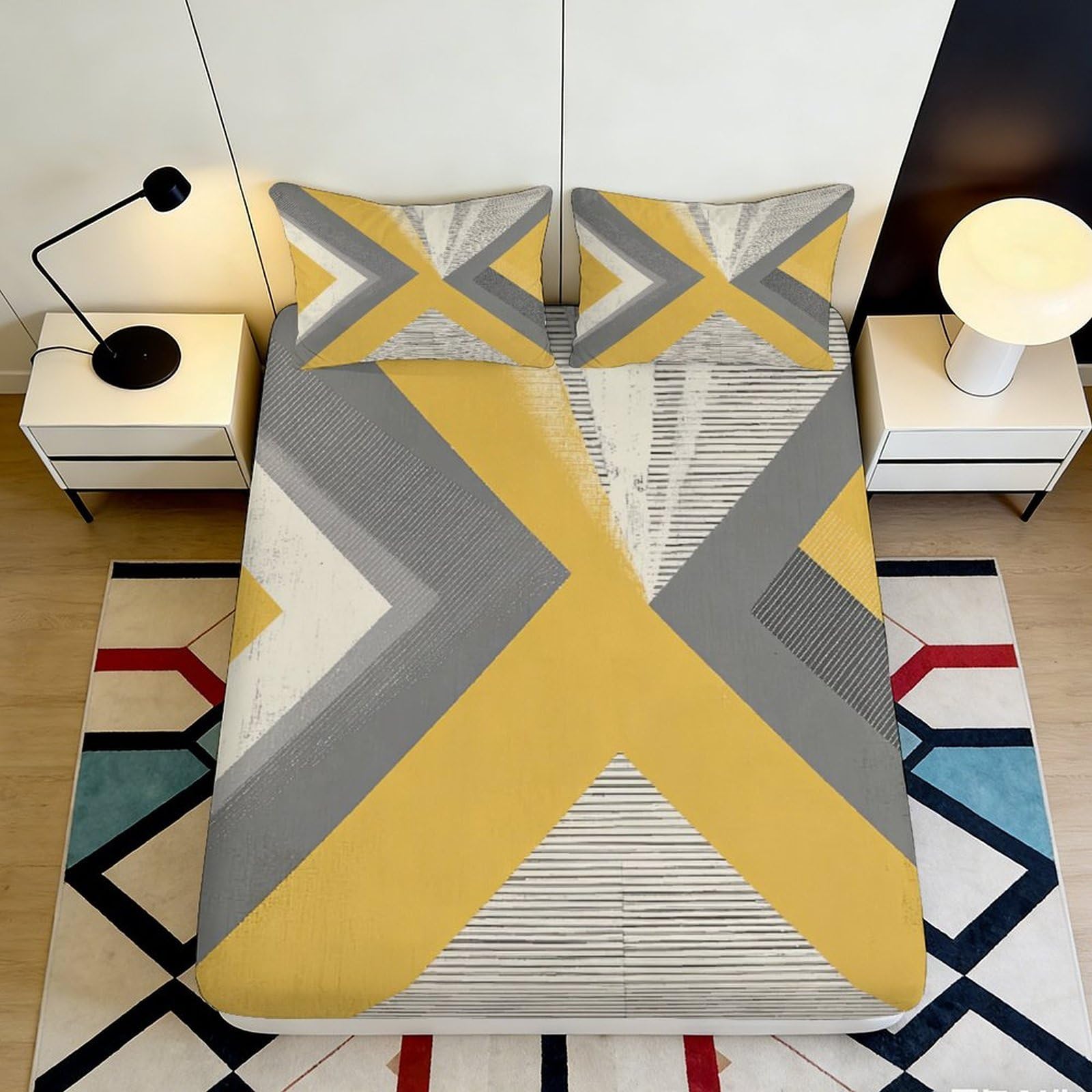 Pnayamiorkfel Style-4 3D Printed Geometric Yellow Grey Fitted Sheet Microfiber Soft Breathable Abstract Mattress Cover Bedroom Decor 90X200x25cm