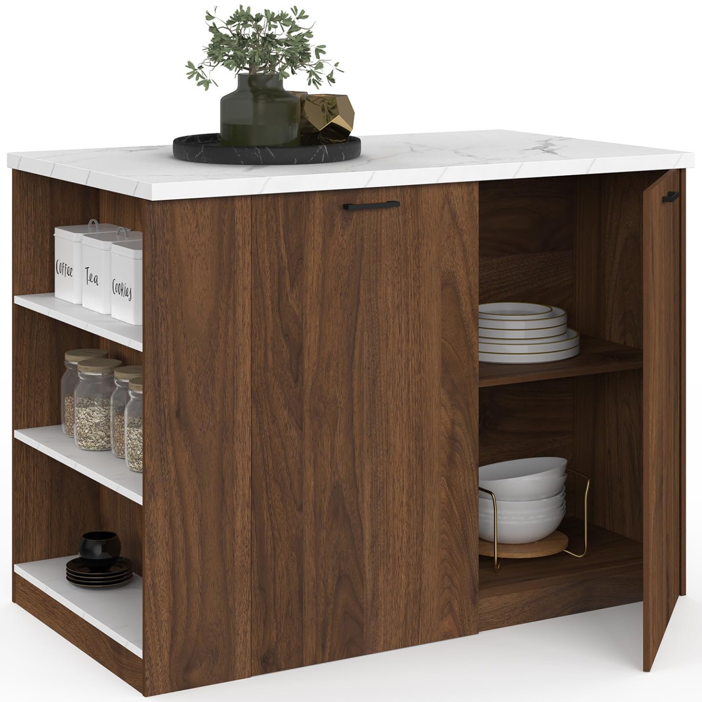 IDMarket - Ilot Central TIBO 120 cm Bois foncé Effet Noyer avec Plan de Travail Effet marbre Alaska