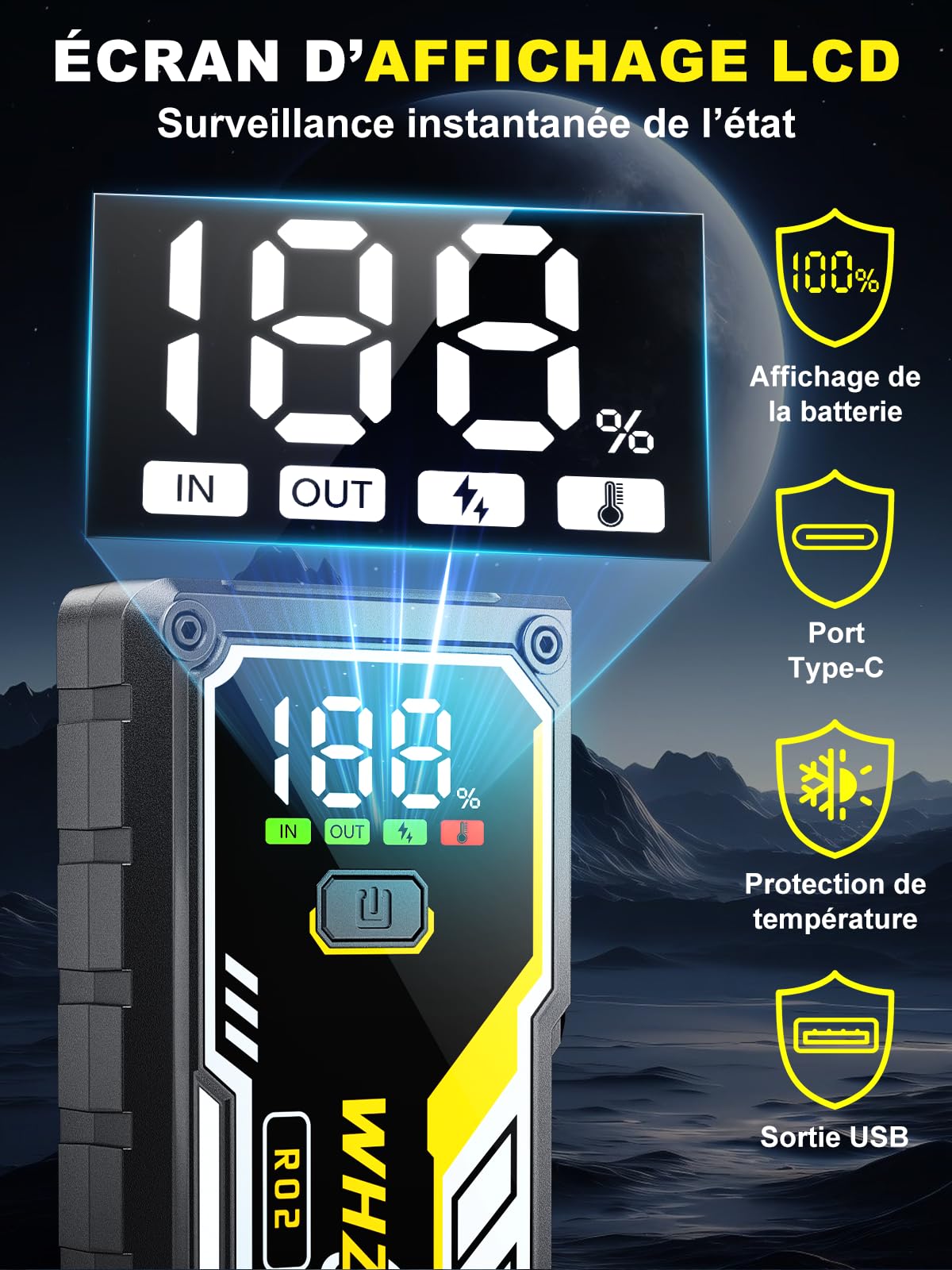 Booster Batterie Voiture 8000A Démarreur Batterie Portable（Jusqu'à Tous GAS/10L Diesel） Jump Starter 12V avec Pinces de Sûreté Intelligentes,LED，Grand Ecran d'affiche