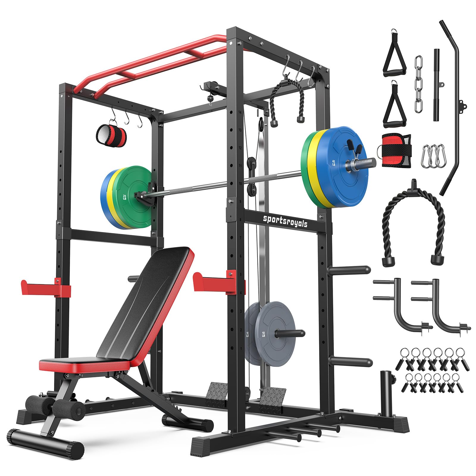 SPORTSROYALS Power Rack, Multi-Functional Power Cage, Squat Rack with Pulley System &amp; LAT Pull Down, Workout Cage with J Hooks for Home Gym