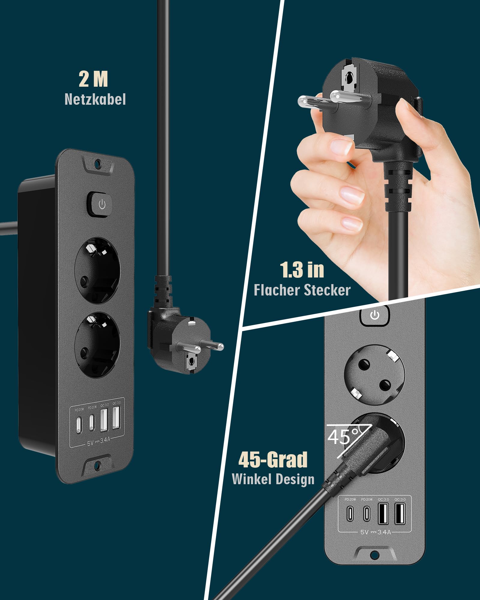 Ciabatta elettrica con USB (PD 20 W), 2 prese da incasso, 6 in 1, a scomparsa, presa da tavolo, presa multipla con cavo da 2 m, per cucina, ufficio, piano di lavoro, 16 A/3680 W