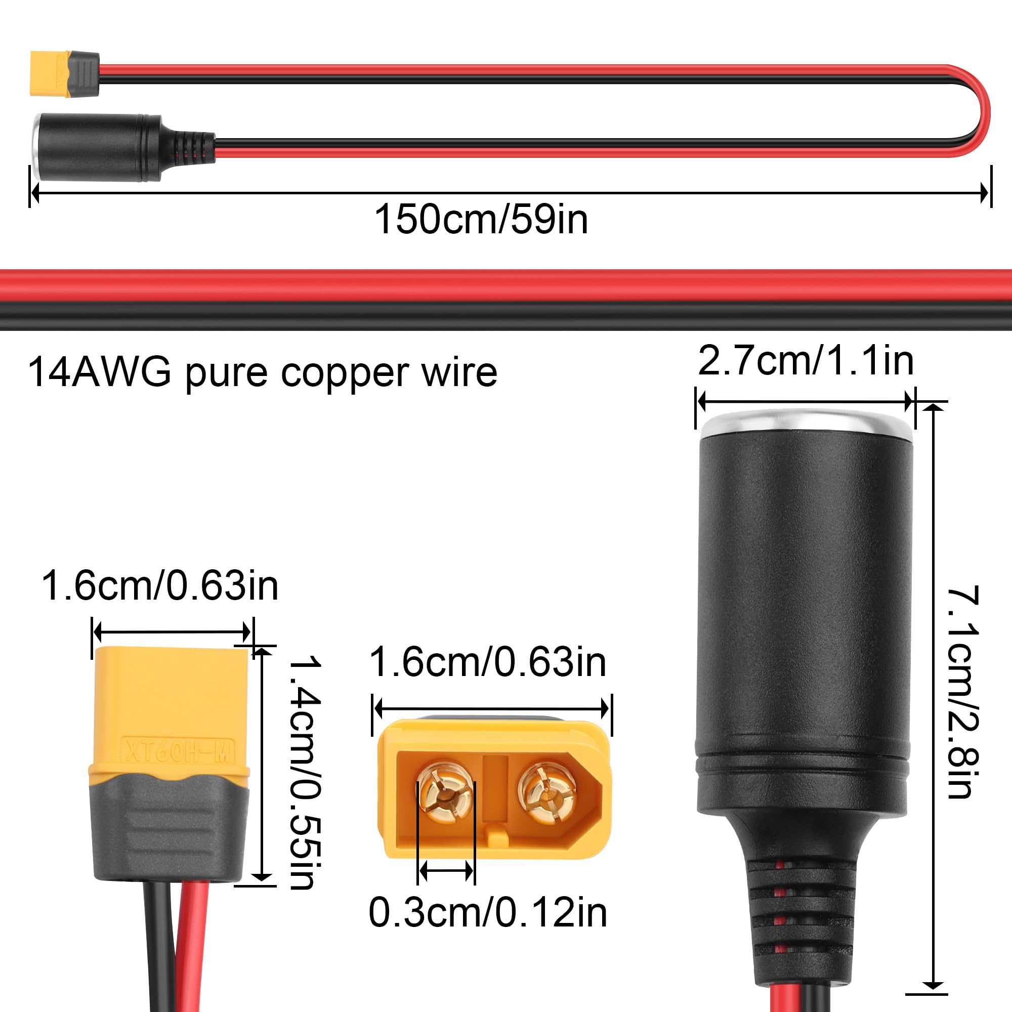 Adaptador XT60 Macho a Hembra para Encendedor, Cable 14 AWG para Moto/Barco/Autocaravana/Solar, 1,5 m
