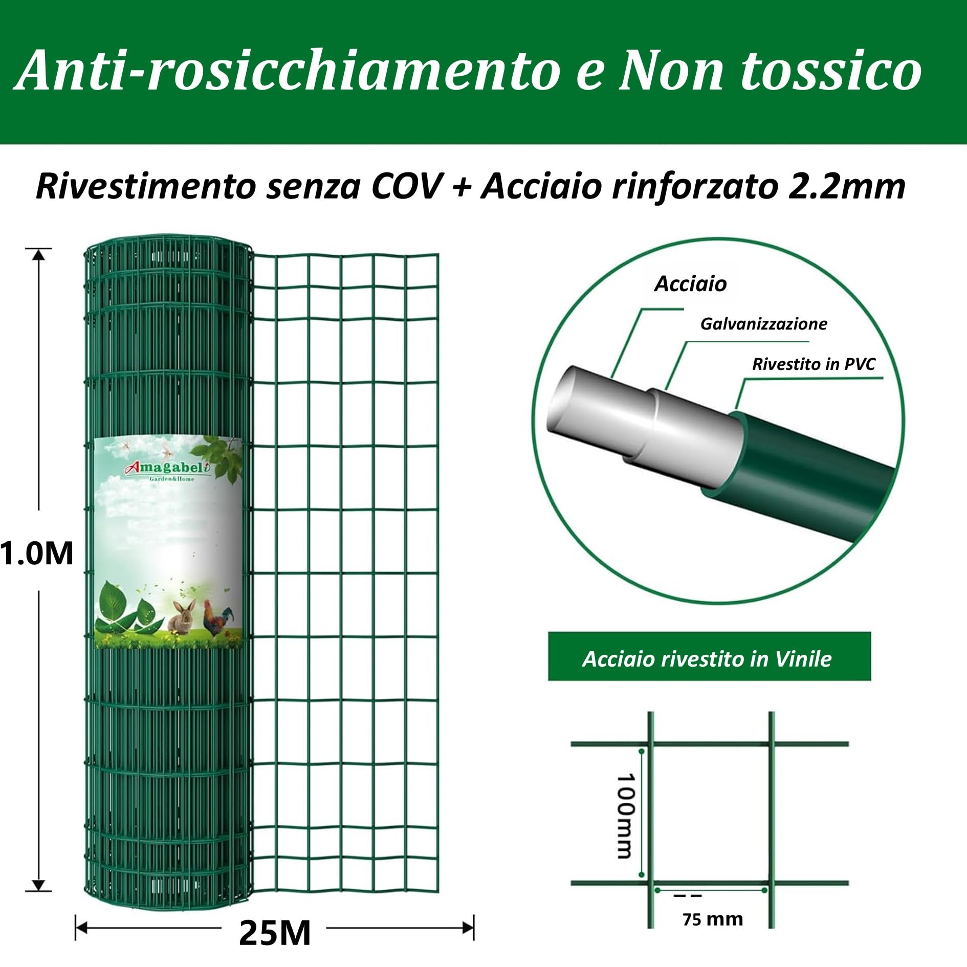 Rete Metallica Zincata Torsione Tripla, Maglia Esagonale 13mm, 100cm X 50m Argento 87949001