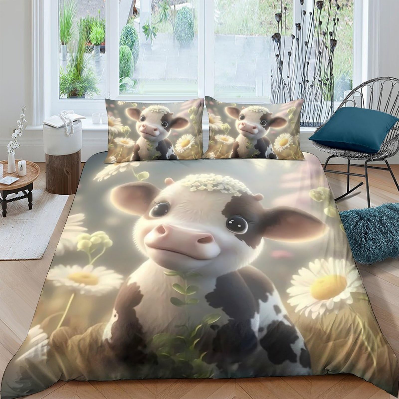 Ctjqhvkz Style-3 3D Printed Cute Cow Meadow Fitted Sheet Microfiber Soft Breathable Farm Animal Bed Cover Bedroom Decor Single（135X200cm）