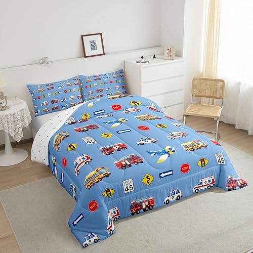 Miniatura 4 de Juego de edredón de dibujos animados para niños, edredón de plumón de coche de policía para niños, tamaño individual, avión, camión de bomberos,