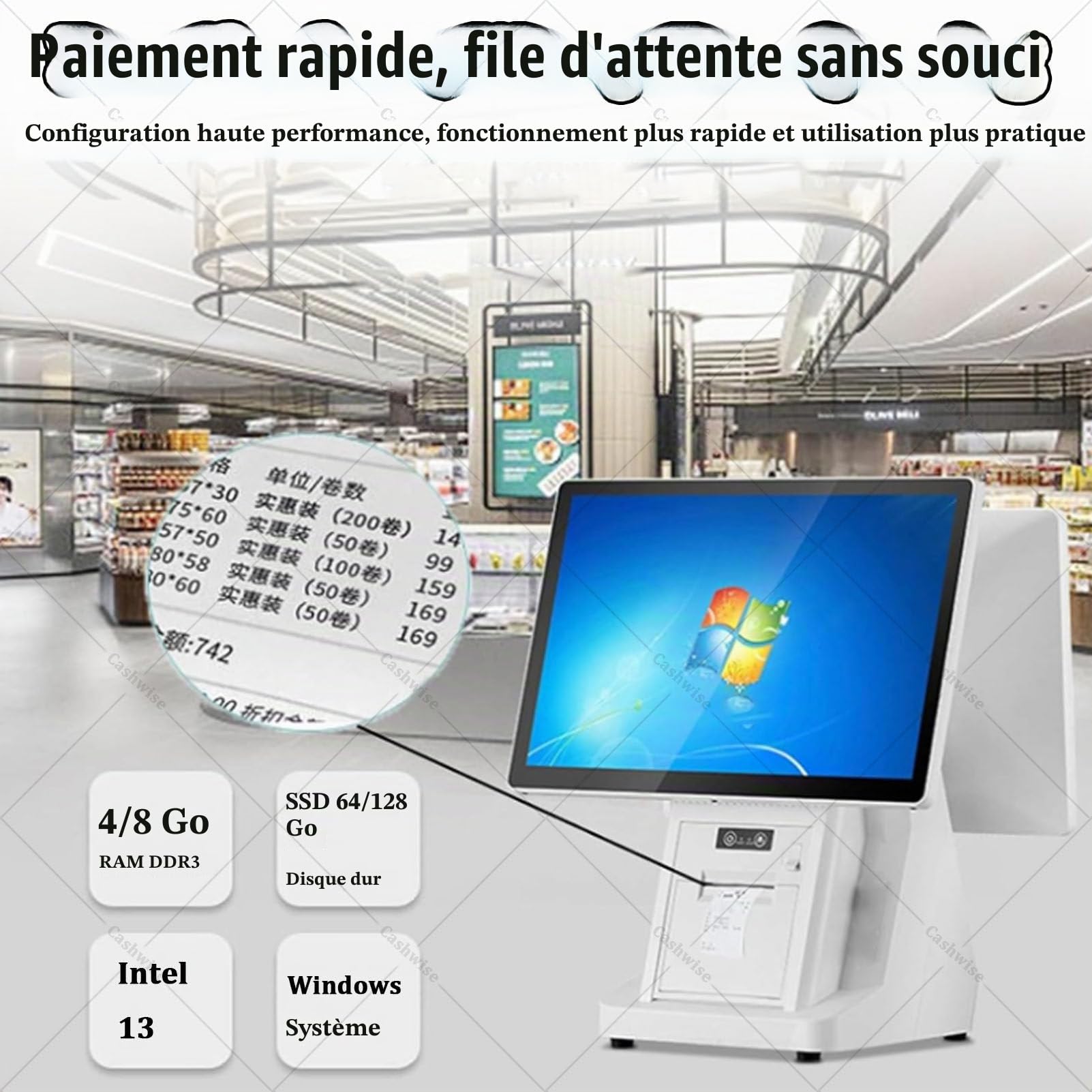 Caisse enregistreuse à Double écran Tactile, Caisse enregistreuse Intelligente Tout-en-Un, Double écran Tactile de 15,6 Pouces, pour Le Commerce de détail, la Restauration 4G64G-80mm
