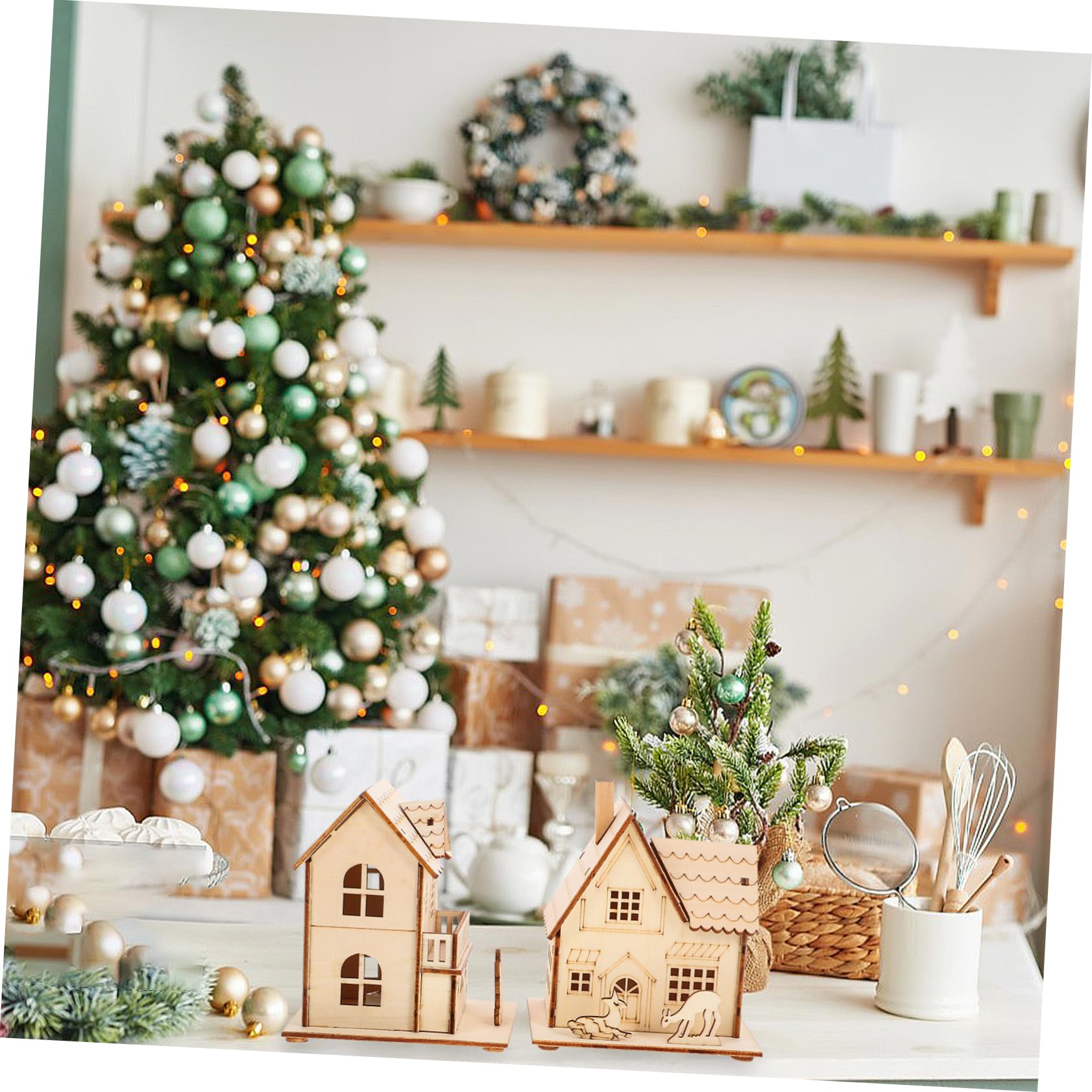PartyKindom Ornamenti Natalizi in Legno Luminosi Per Decorazione Da Scrivania, Set 3 Pezzi Di Casette Natalizie in Legno Luce Led, Decorazioni Natalizie Per Casa, Bar e Feste