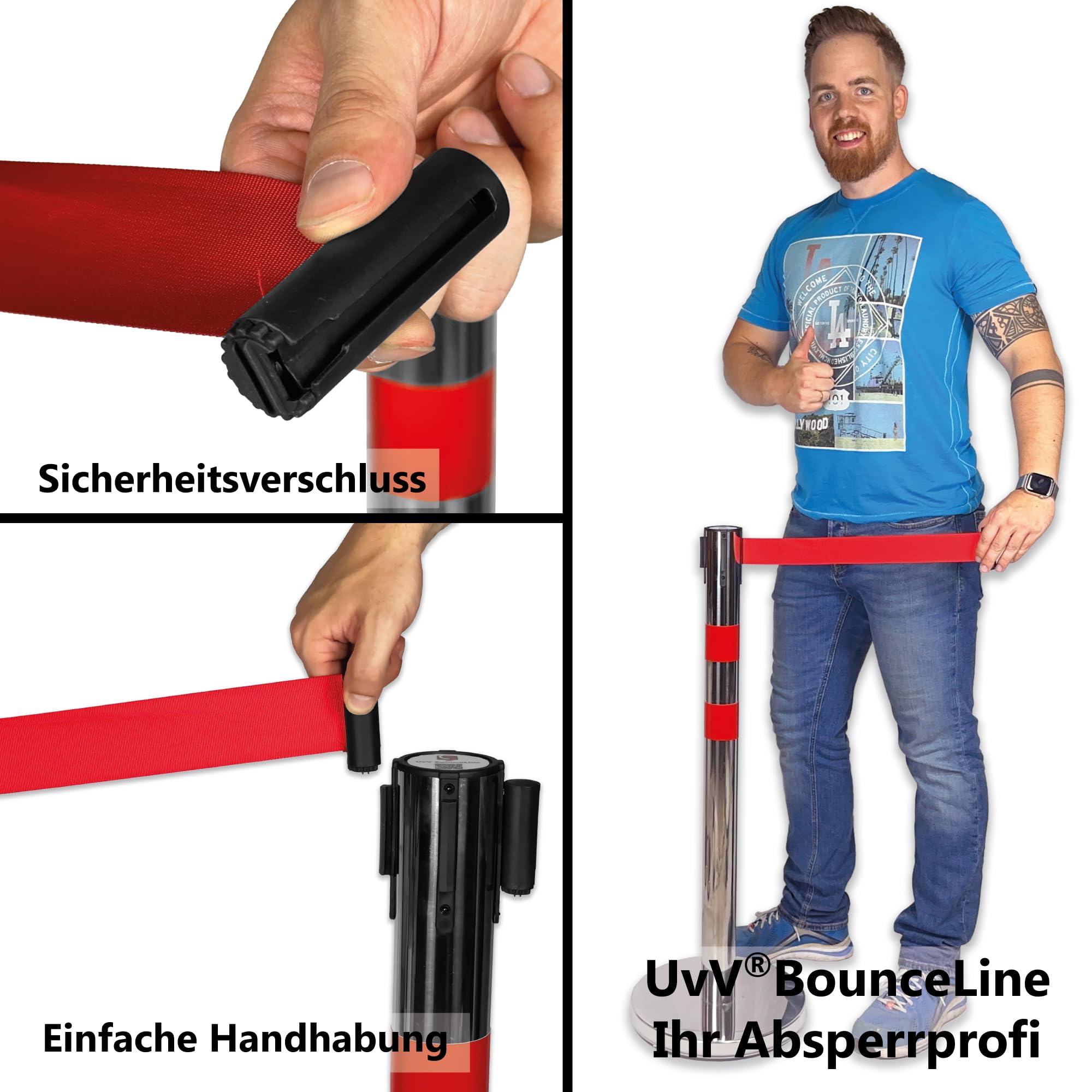 UvV BounceLine Personenleitsystem, Absperrpfosten, Edelstahl, 2 Pfosten 90 cm Hoch je 3 m Gewebeband (Stahl 8 kg (Heavy), gelb/schwarz)
