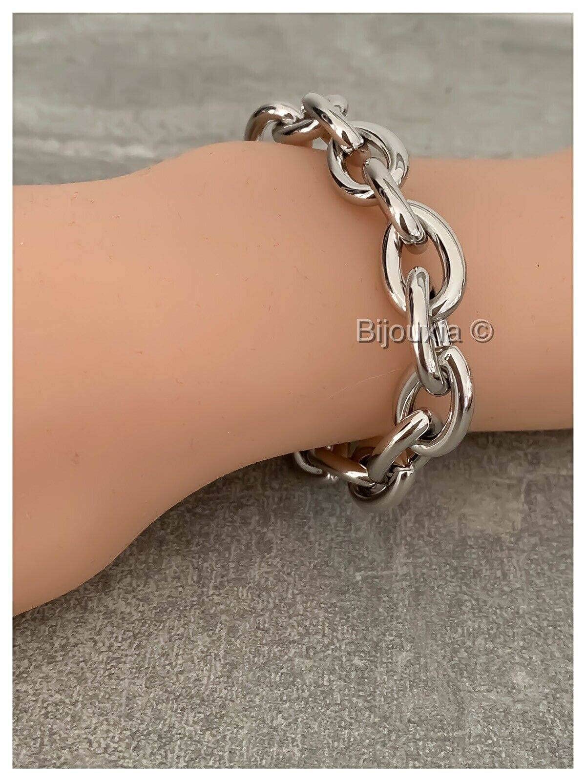 Bracciale a maglie larghe in argento massiccio 925/1000 rodiato marchiato, Argento sterling Metallo Argento