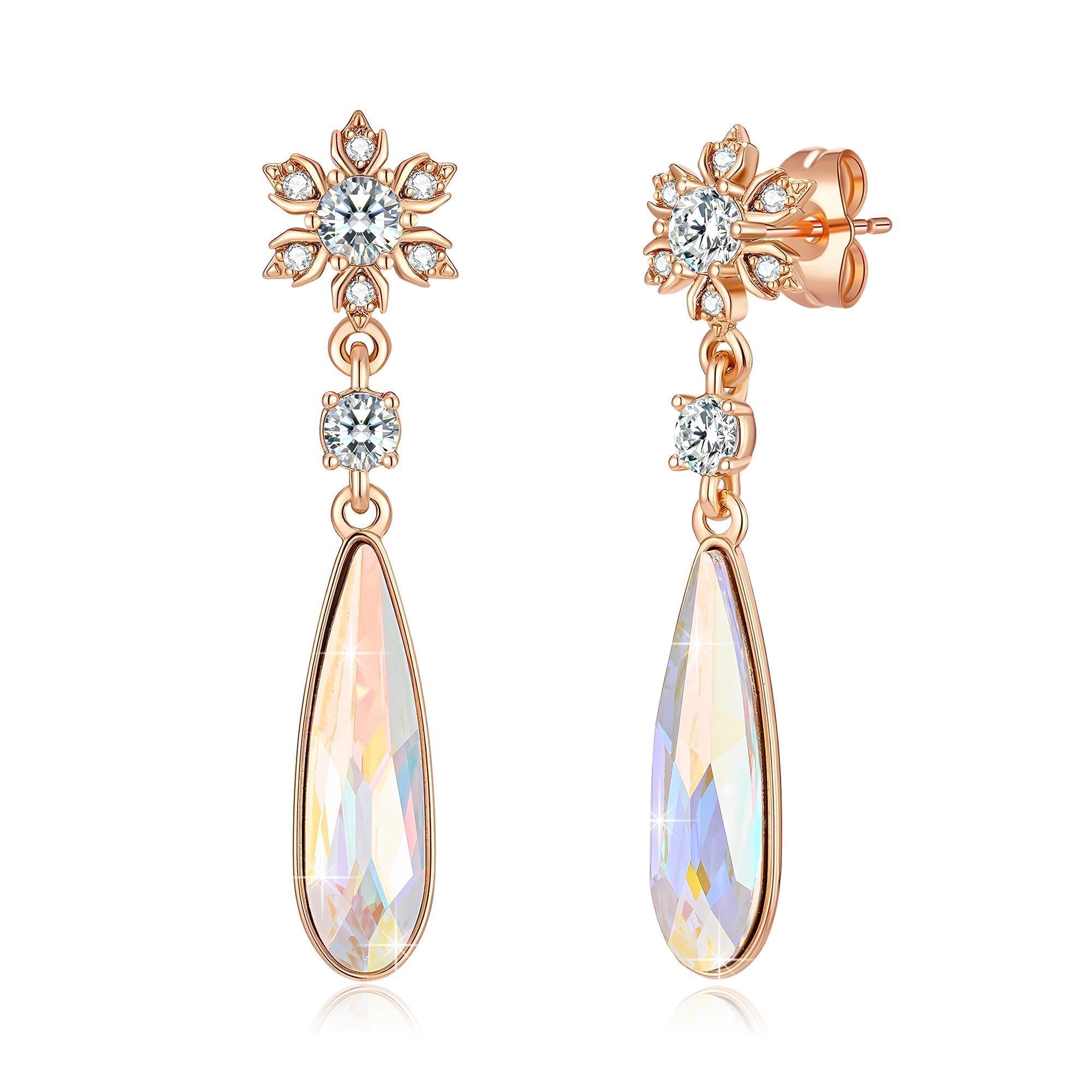 Austrian Crystal Teardrop Earrings Flower Dangle Earrings for Women 14K Gold Plated Drop Stud Earrings Hypoallergenic Jewelry